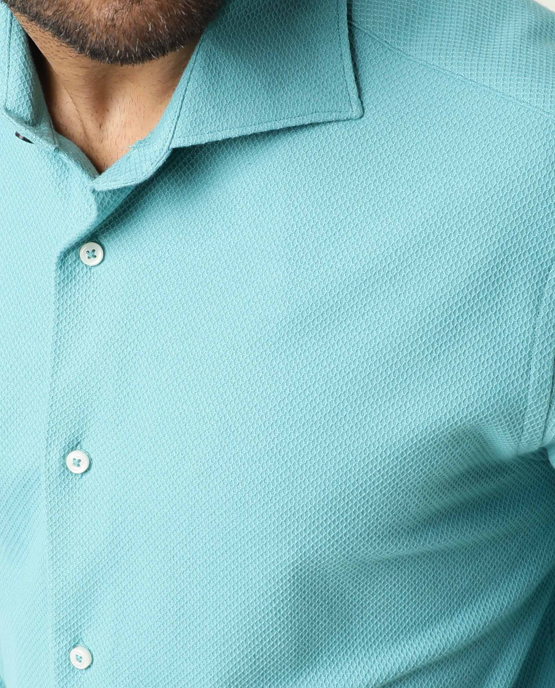 Rare Rabbit Men's Venezya Turq Cotton Plain Regular Fit Full Sleeve Collared Shirt