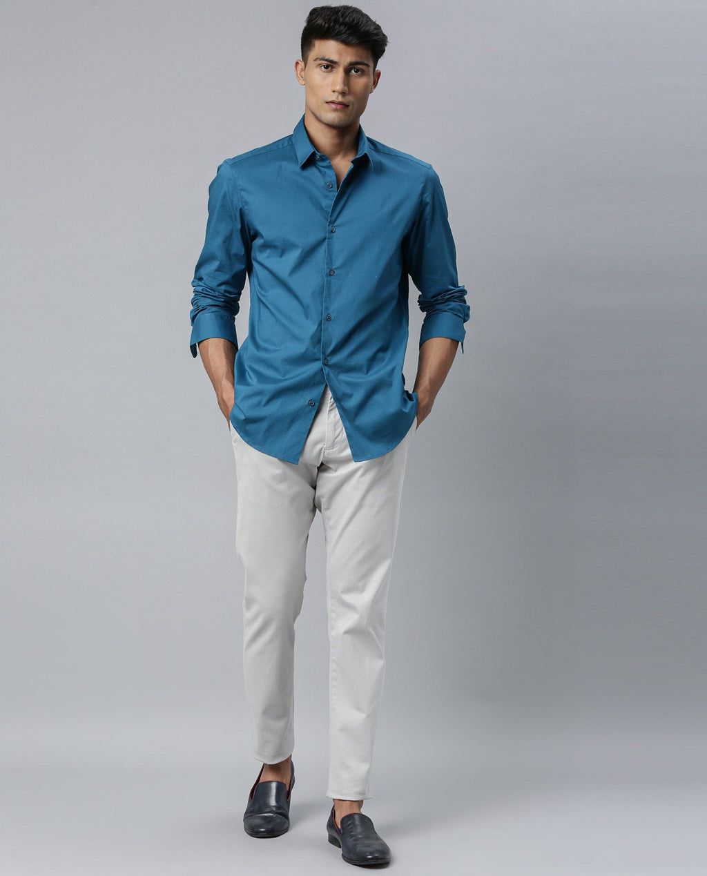 Rare Rabbit Men's Neutrons Petrol Cotton Plain Regular Fit Full Sleeve Collared Shirt