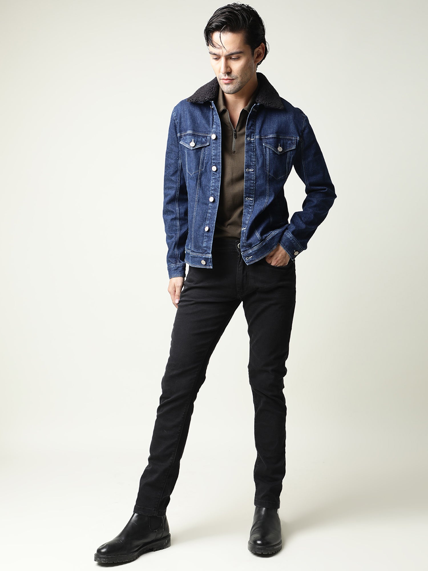 Rare Rabbit Men's Rubix Blue Cotton Blend Plain Regular Fit Full Sleeve Spread Collar Jacket