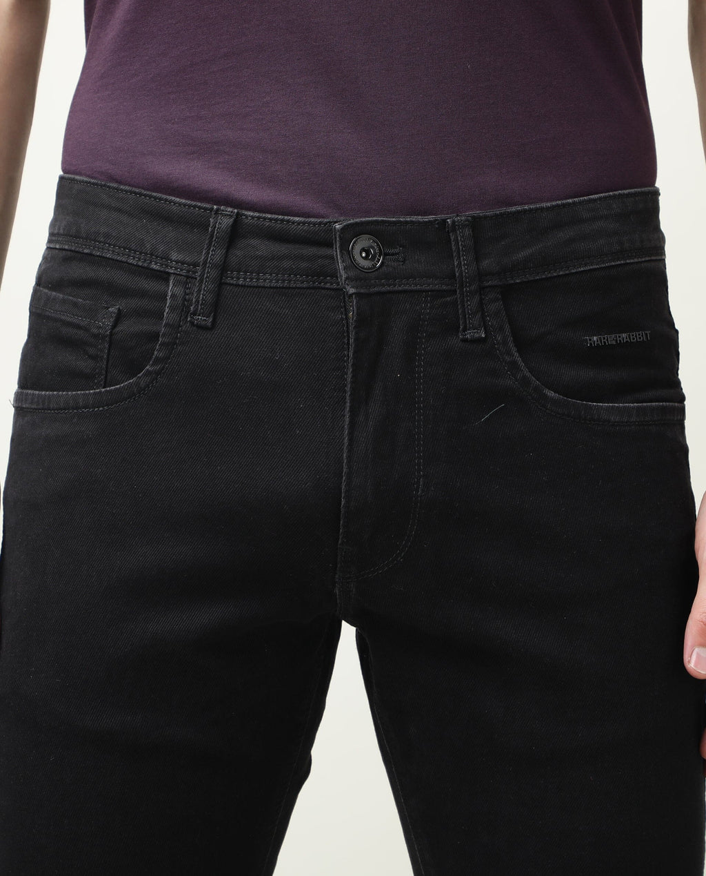 Rare Rabbit Men's Double Black 2 Black Cotton Plain Hawk Slim Fit Jeans