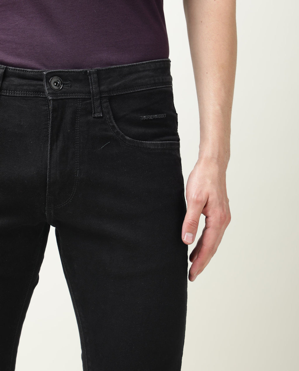 Rare Rabbit Men's Double Black Cotton Plain Hawk Slim Fit Jeans