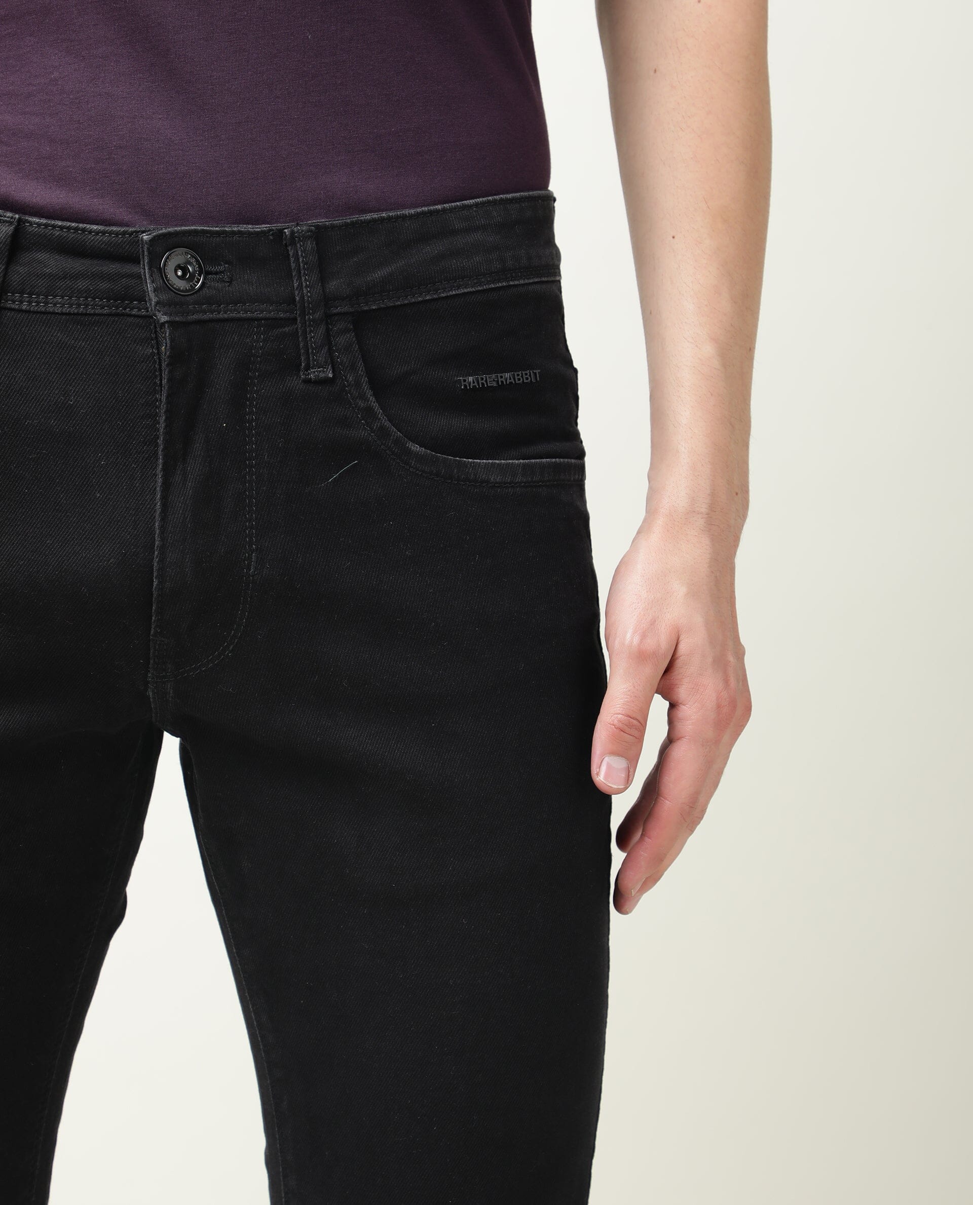Rare Rabbit Men's Double Black Cotton Plain Hawk Slim Fit Jeans