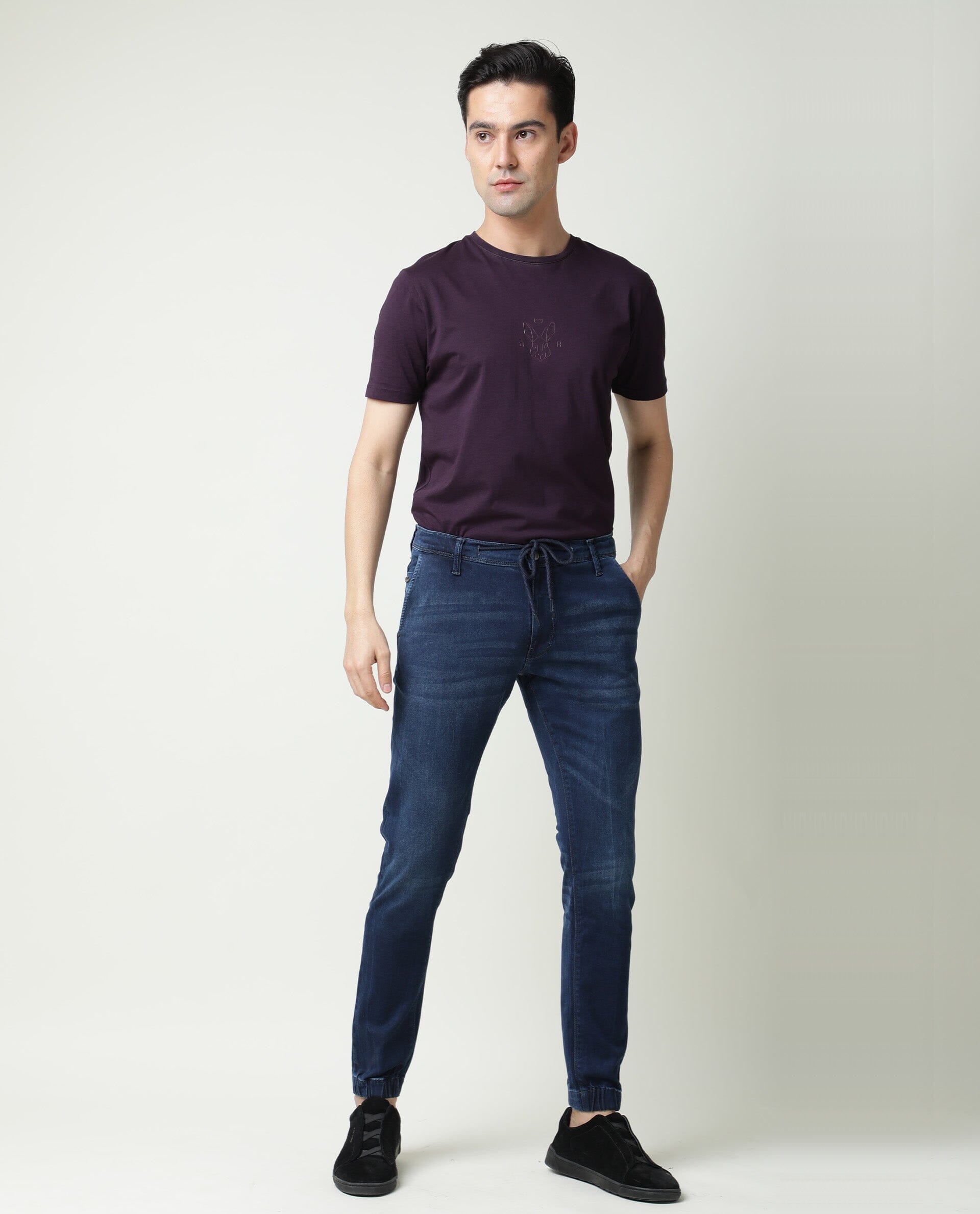 Rare Rabbit Men's Villa Navy Cotton Plain Hawk Slim Fit Jeans