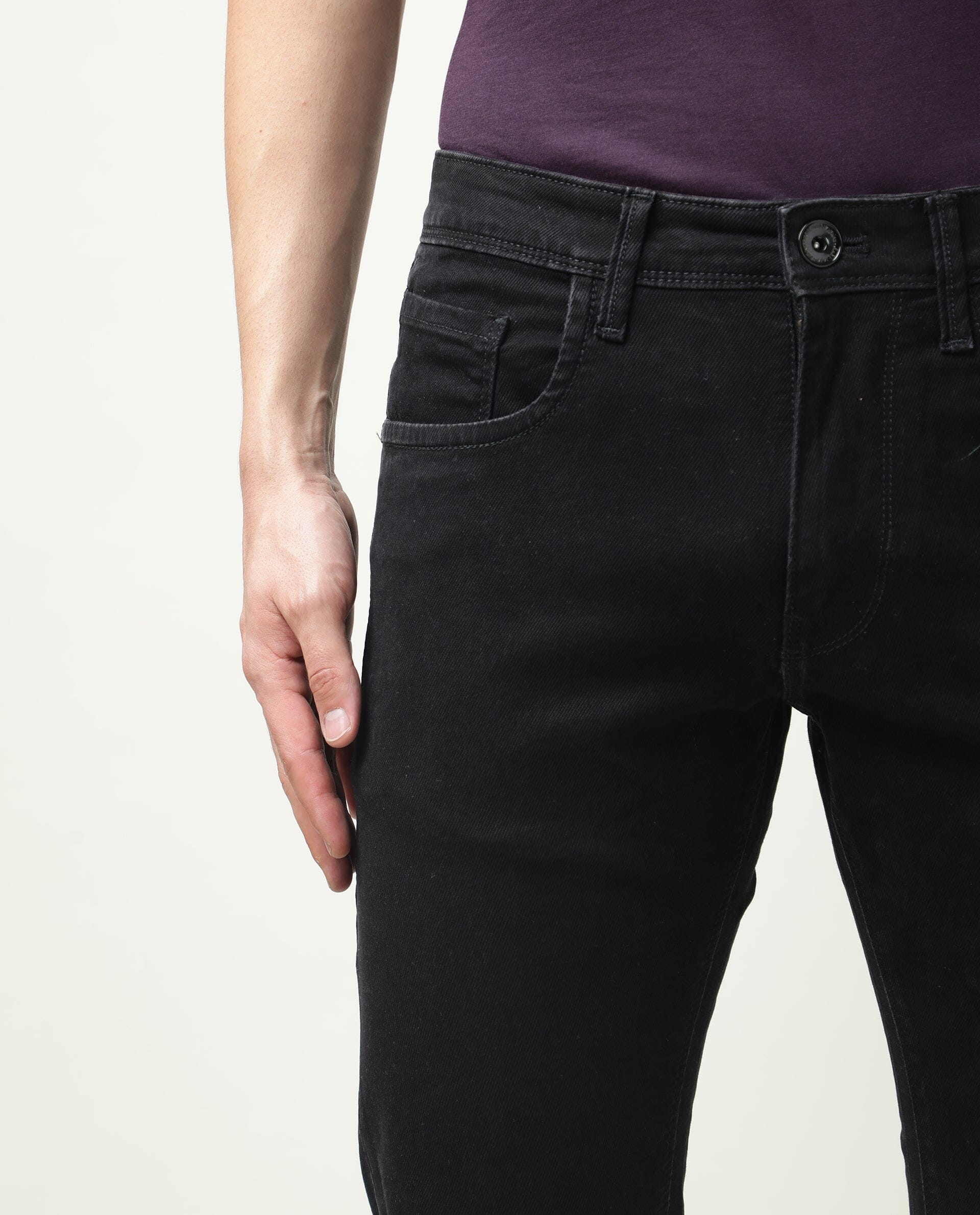 Rare Rabbit Men's Double Black Cotton Plain Hawk Slim Fit Jeans