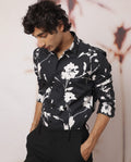 Rare Rabbit Men's Sketcherr Black Cotton Floral Print Regular Fit Full Sleeve Collared Shirt