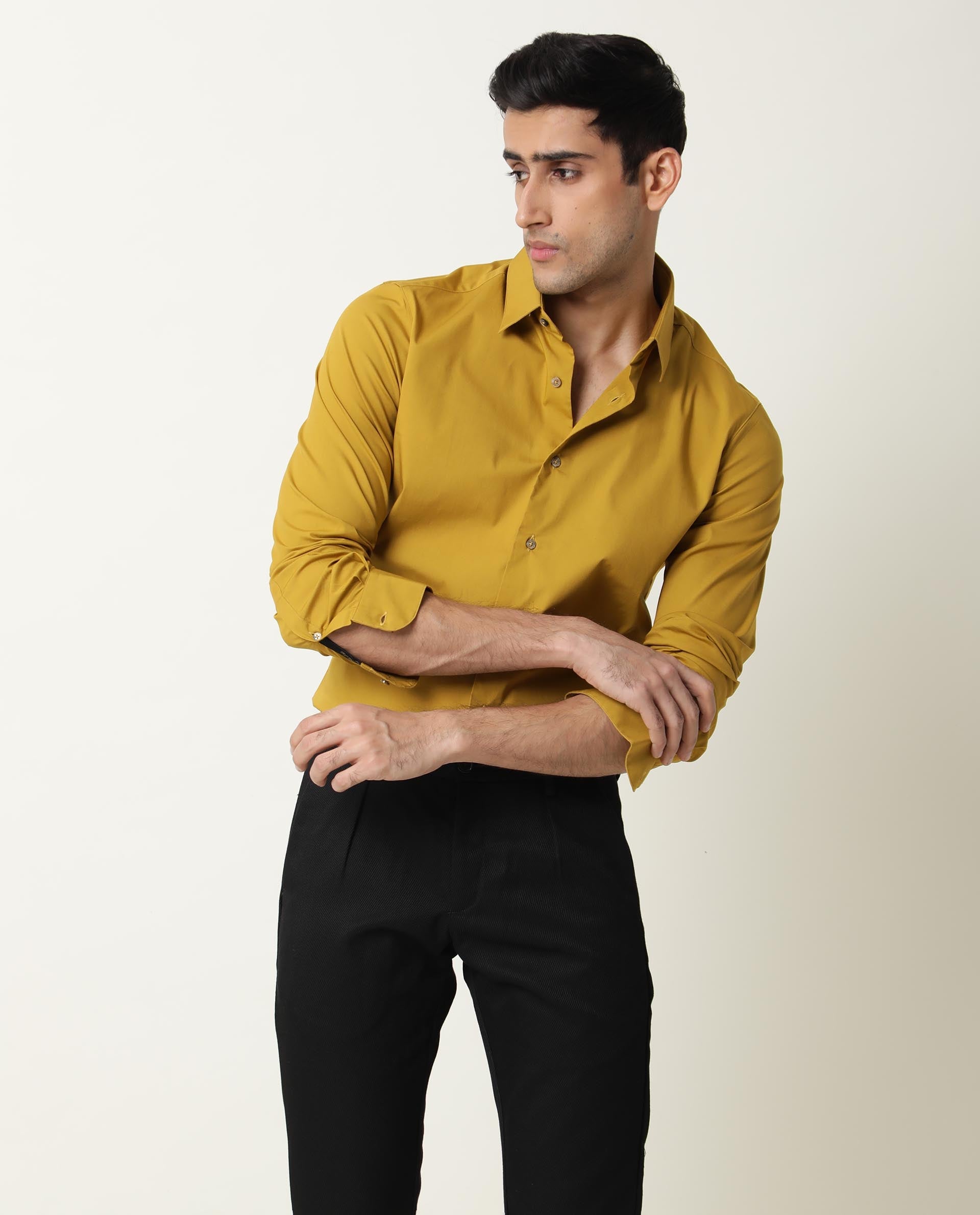 Rare Rabbit Men's Neutrons Yellow Cotton Regular Fit Full Sleeve Spread Collar Shirt