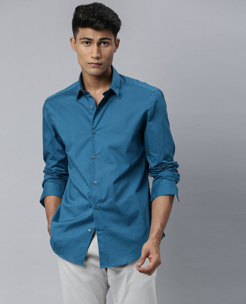 Rare Rabbit Men's Neutrons Petrol Cotton Plain Regular Fit Full Sleeve Collared Shirt