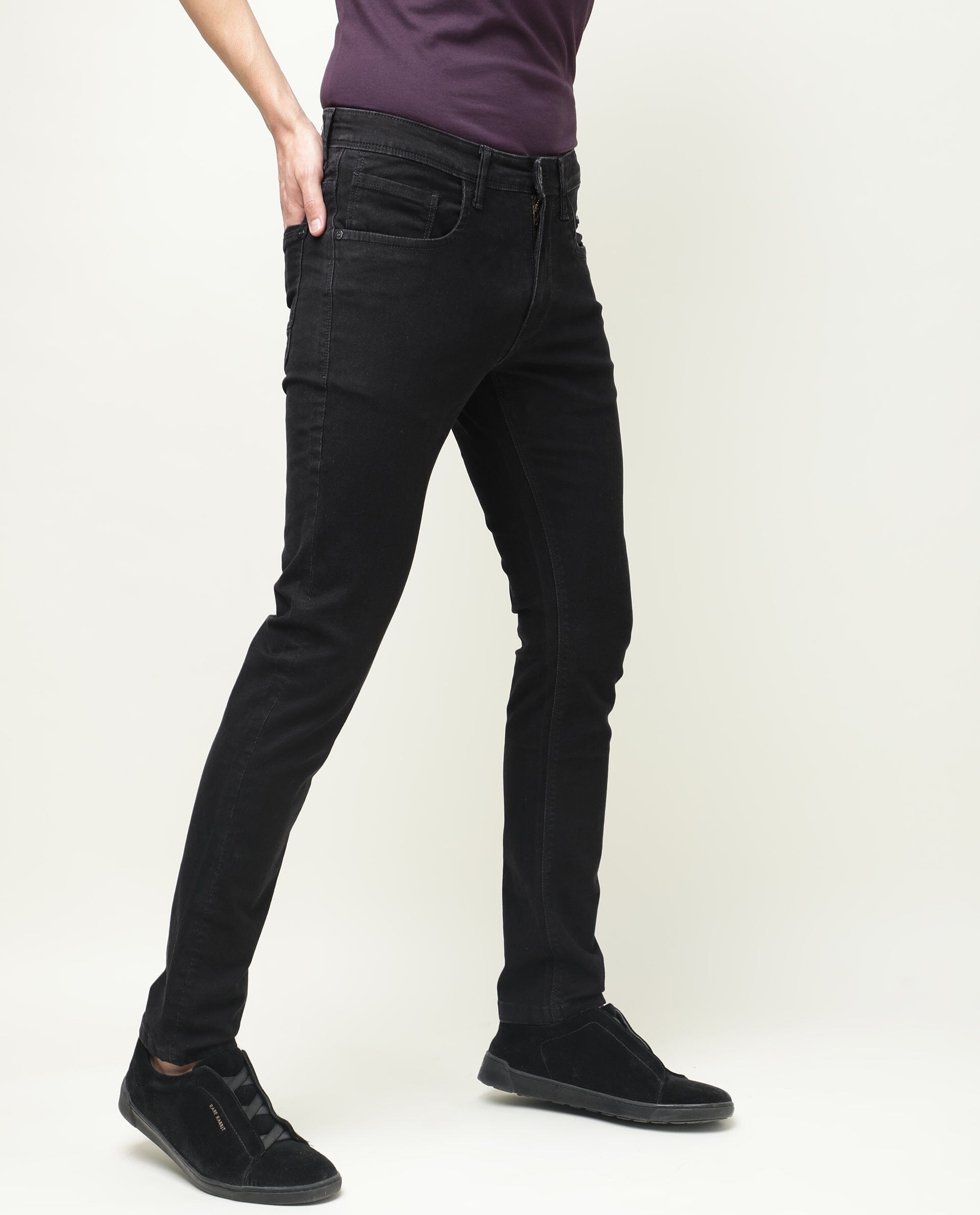 Rare Rabbit Men's Double Black Cotton Plain Hawk Slim Fit Jeans
