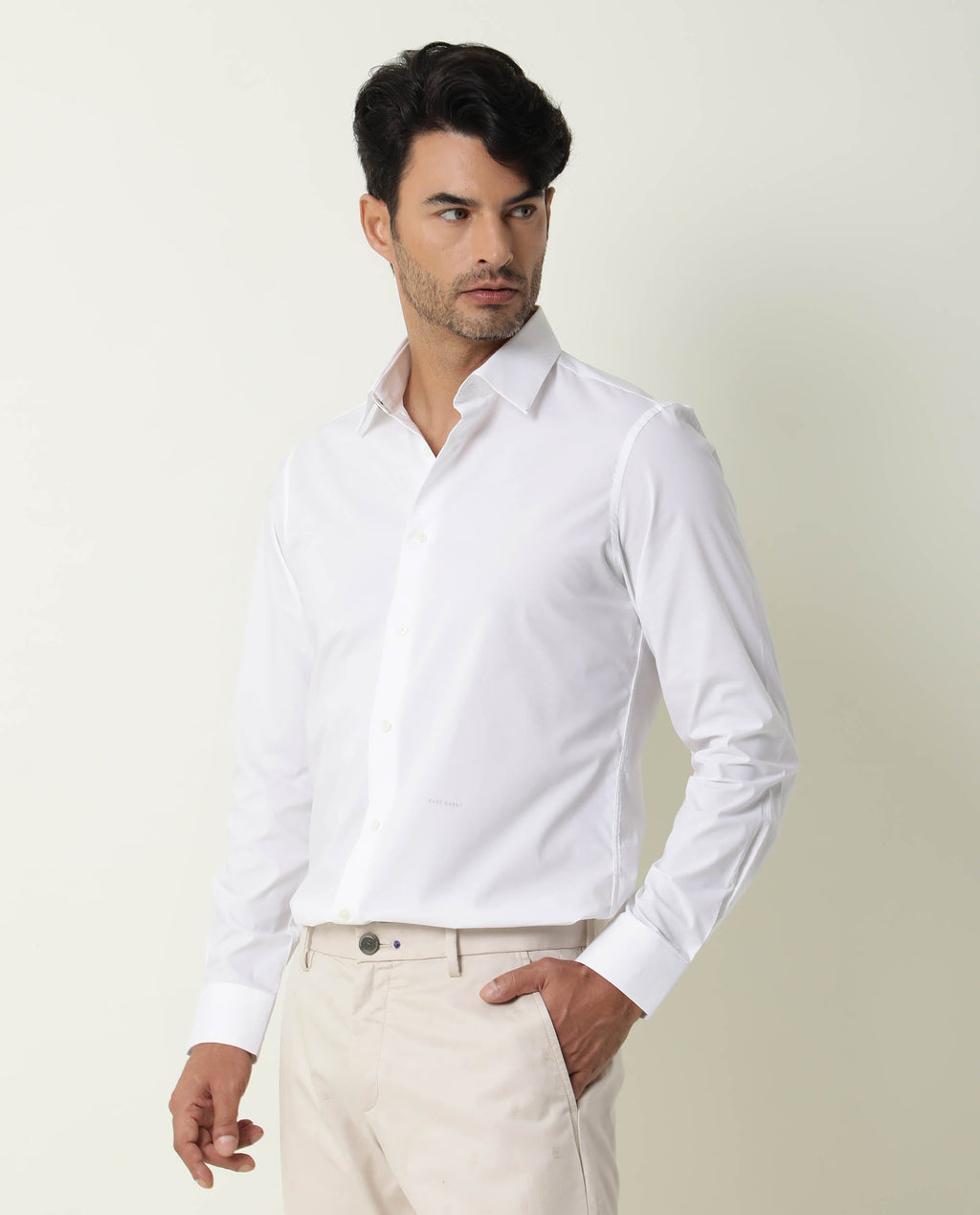 Rare Rabbit Men's Neutro Ls White Polyester Plain Regular Fit Full Sleeve Collared Shirt
