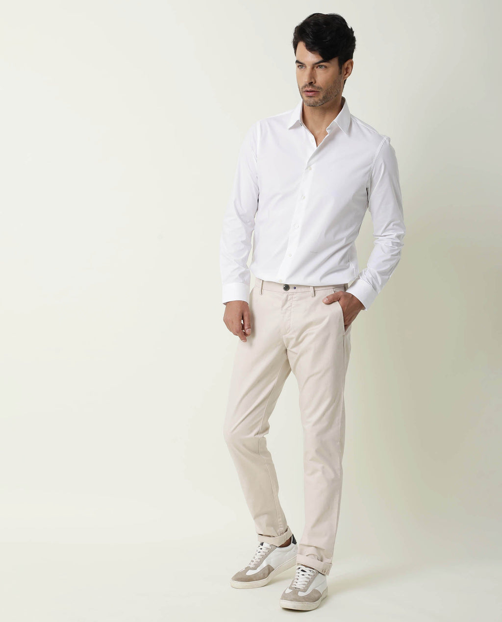 Rare Rabbit Men's Neutro Ls White Polyester Plain Regular Fit Full Sleeve Collared Shirt