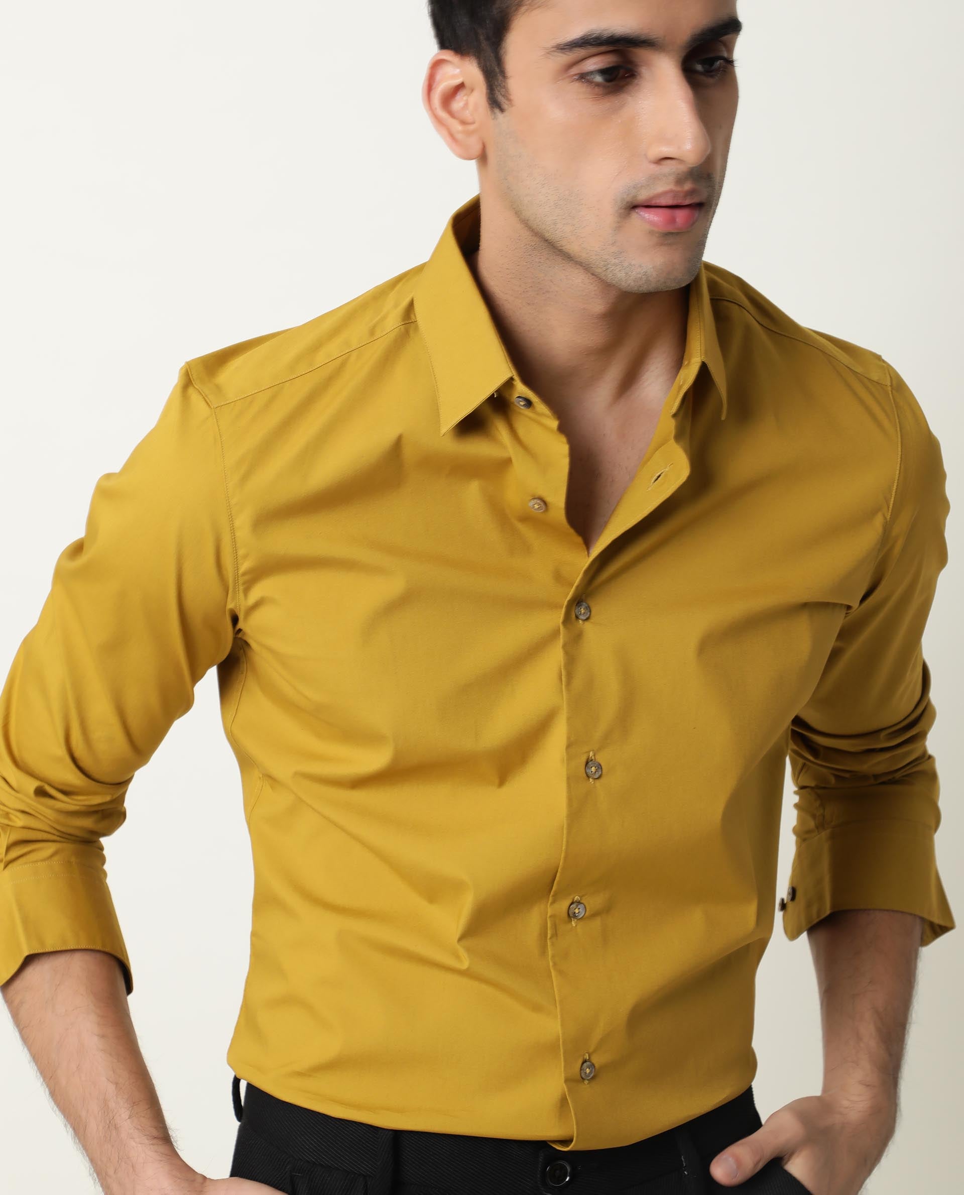 Rare Rabbit Men's Neutrons Yellow Cotton Regular Fit Full Sleeve Spread Collar Shirt