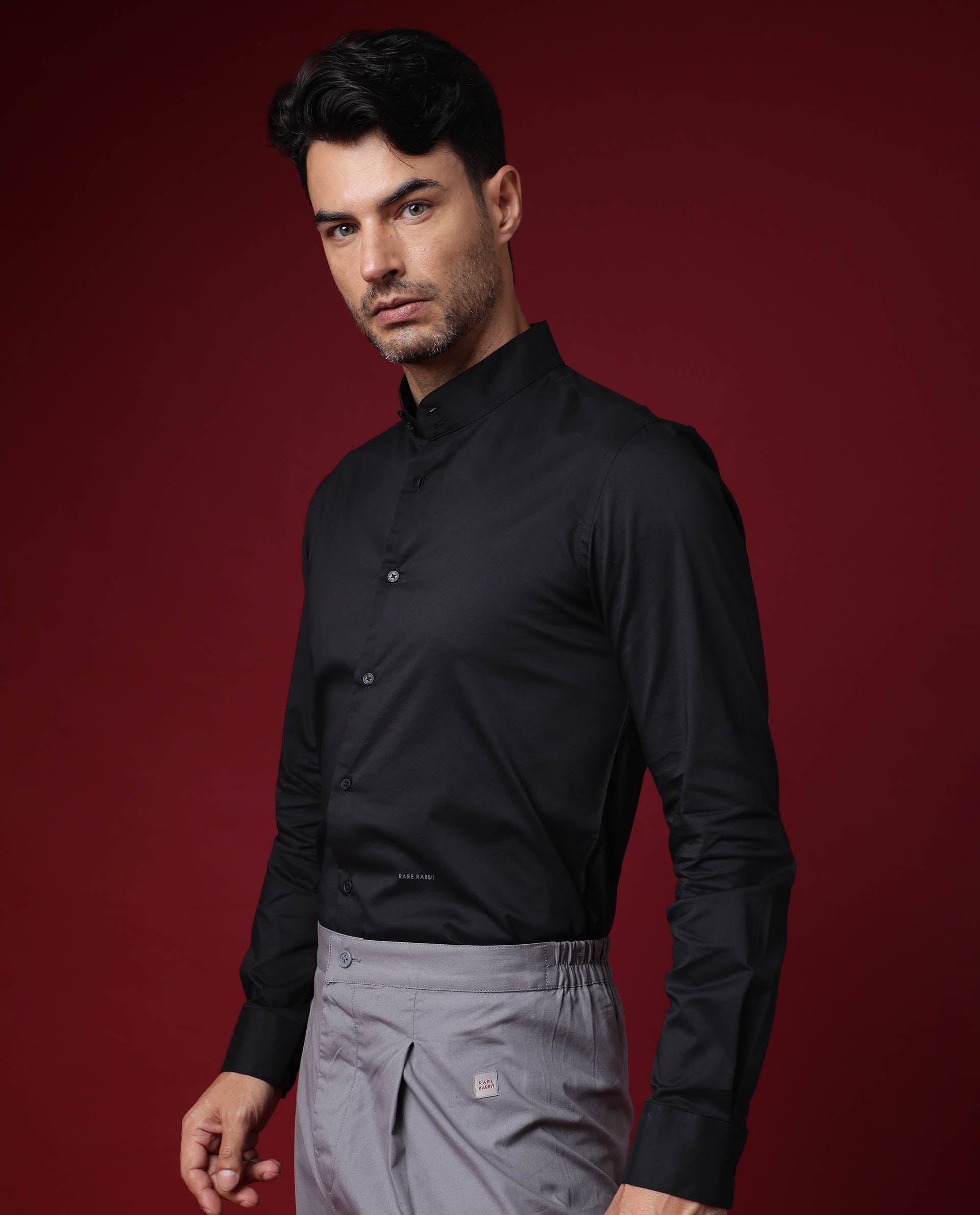 Rare Rabbit Men's Cox Black Polyester Plain Regular Fit Full Sleeve Mandarin Collar Shirt
