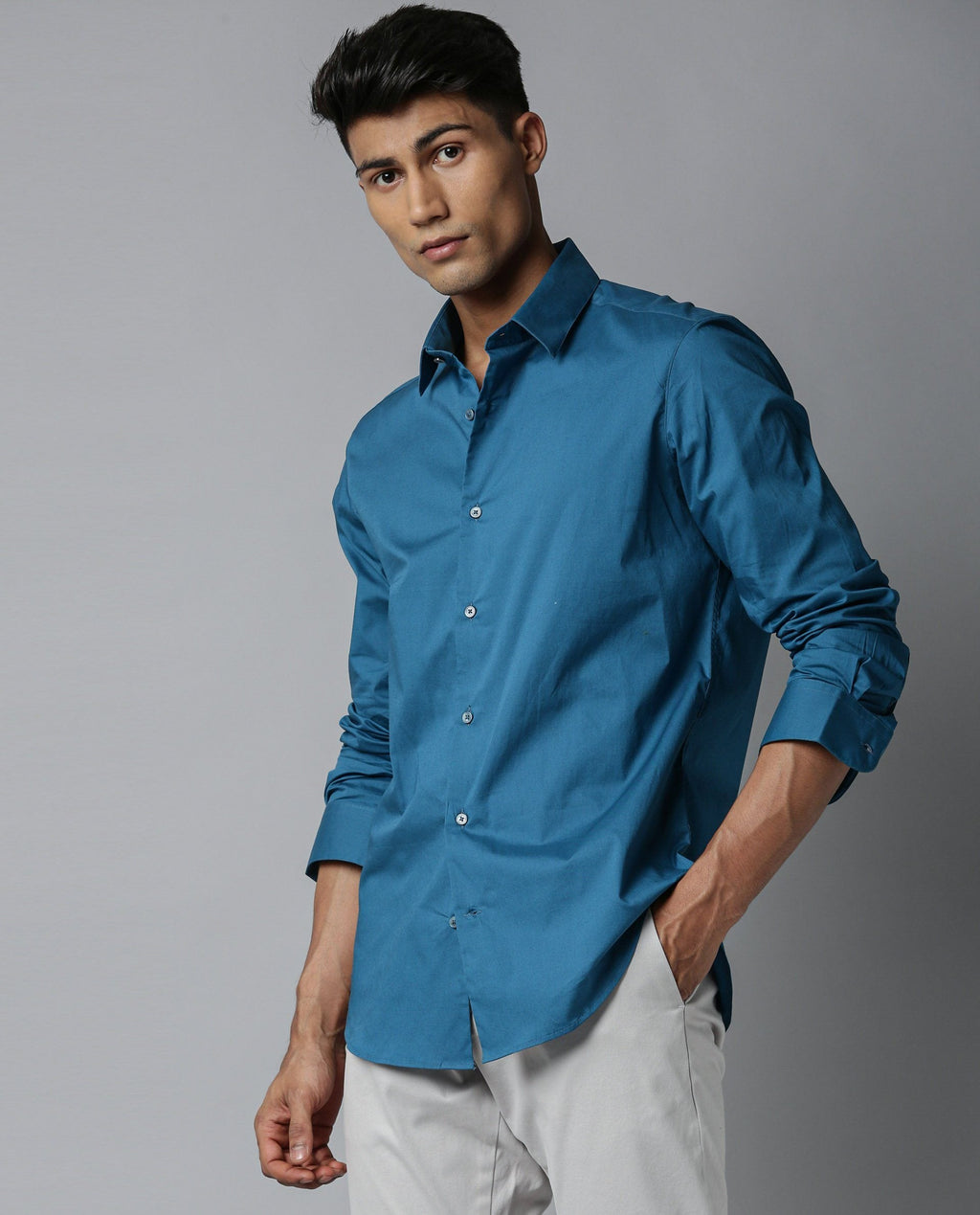 Rare Rabbit Men's Neutrons Petrol Cotton Plain Regular Fit Full Sleeve Collared Shirt