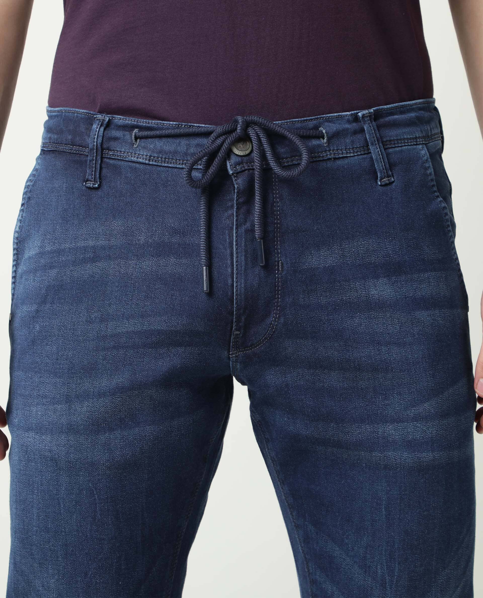 Rare Rabbit Men's Villa Navy Cotton Plain Hawk Slim Fit Jeans