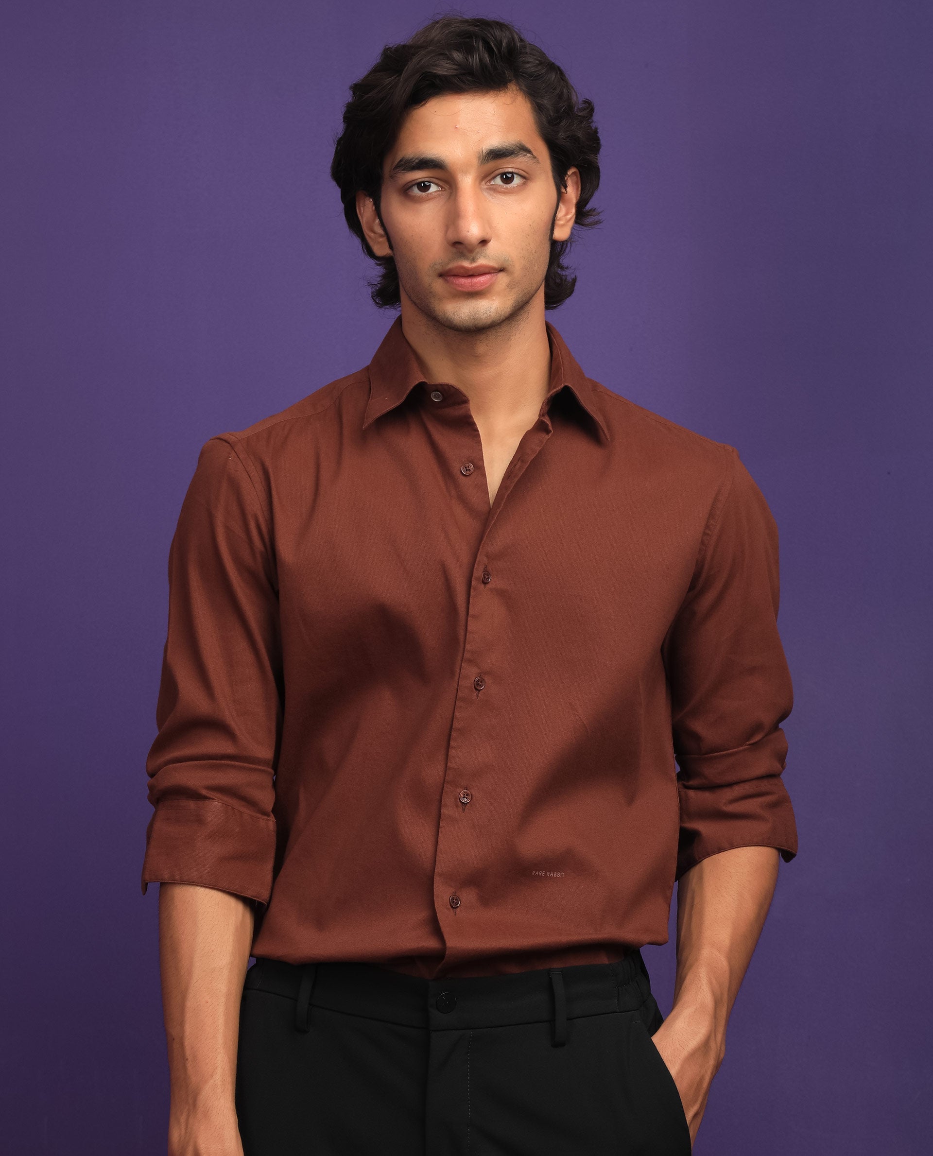 Rare Rabbit Men's Bicton Brown Cotton Plain Regular Fit Full Sleeve Collared Shirt