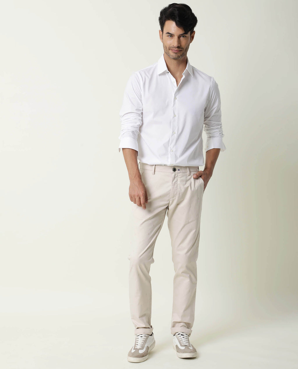 Rare Rabbit Men's Neutro Ls White Polyester Plain Regular Fit Full Sleeve Collared Shirt