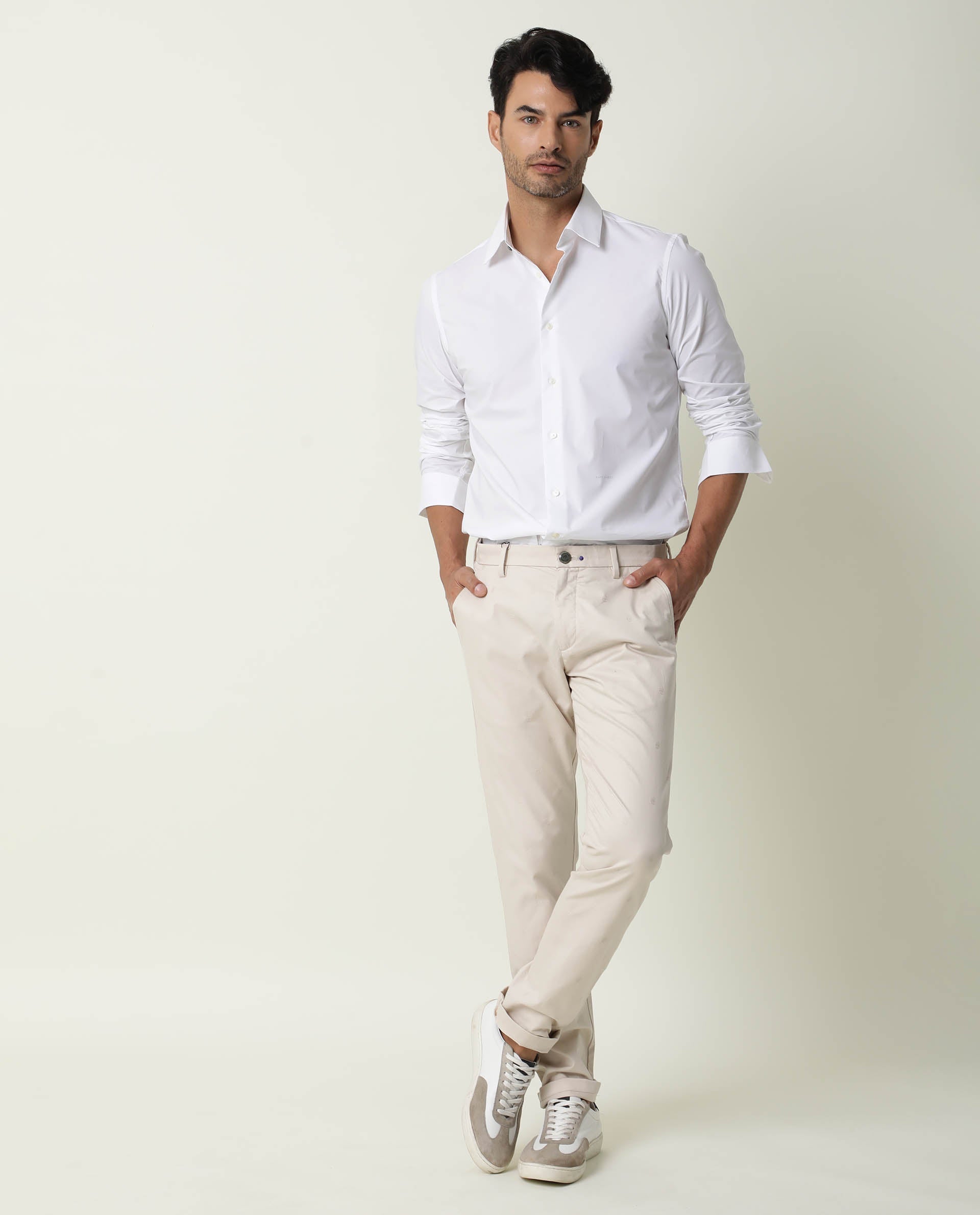 Rare Rabbit Men's Neutro Ls White Polyester Plain Regular Fit Full Sleeve Collared Shirt