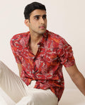 Rare Rabbit Men's Sinq Red Viscose Floral Print Regular Fit Half Sleeve Collared Shirt