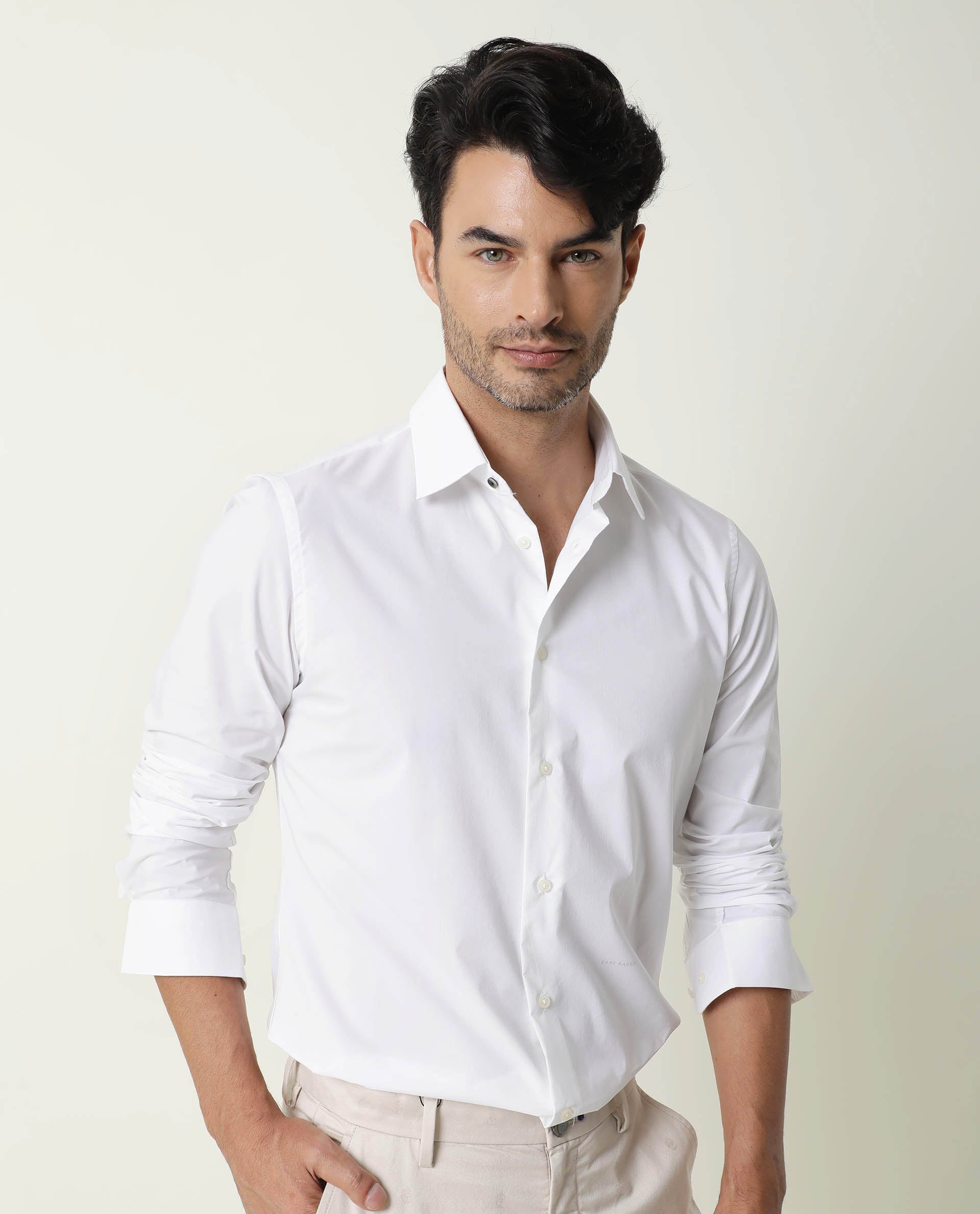 Rare Rabbit Men's Neutro Ls White Polyester Plain Regular Fit Full Sleeve Collared Shirt