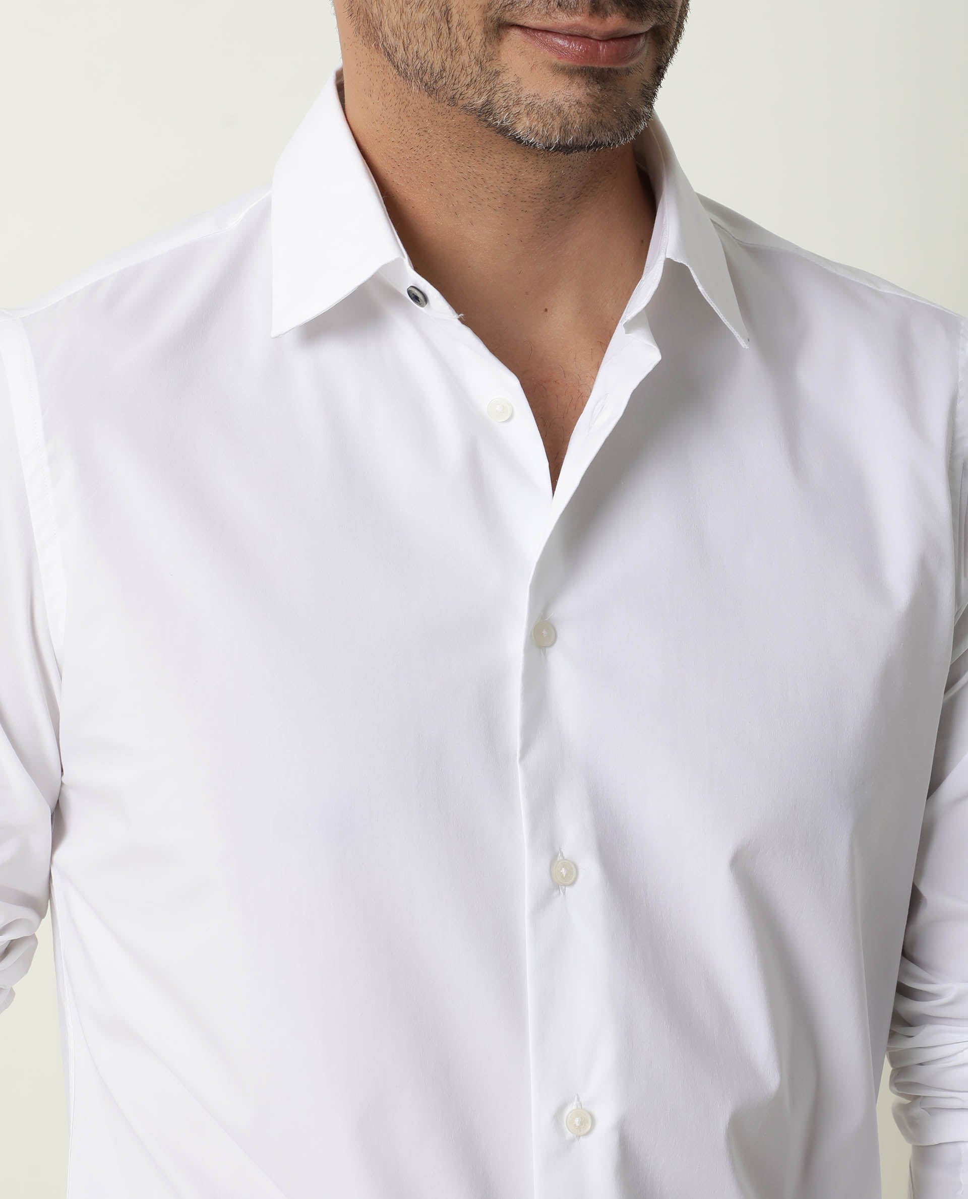 Rare Rabbit Men's Neutro Ls White Polyester Plain Regular Fit Full Sleeve Collared Shirt
