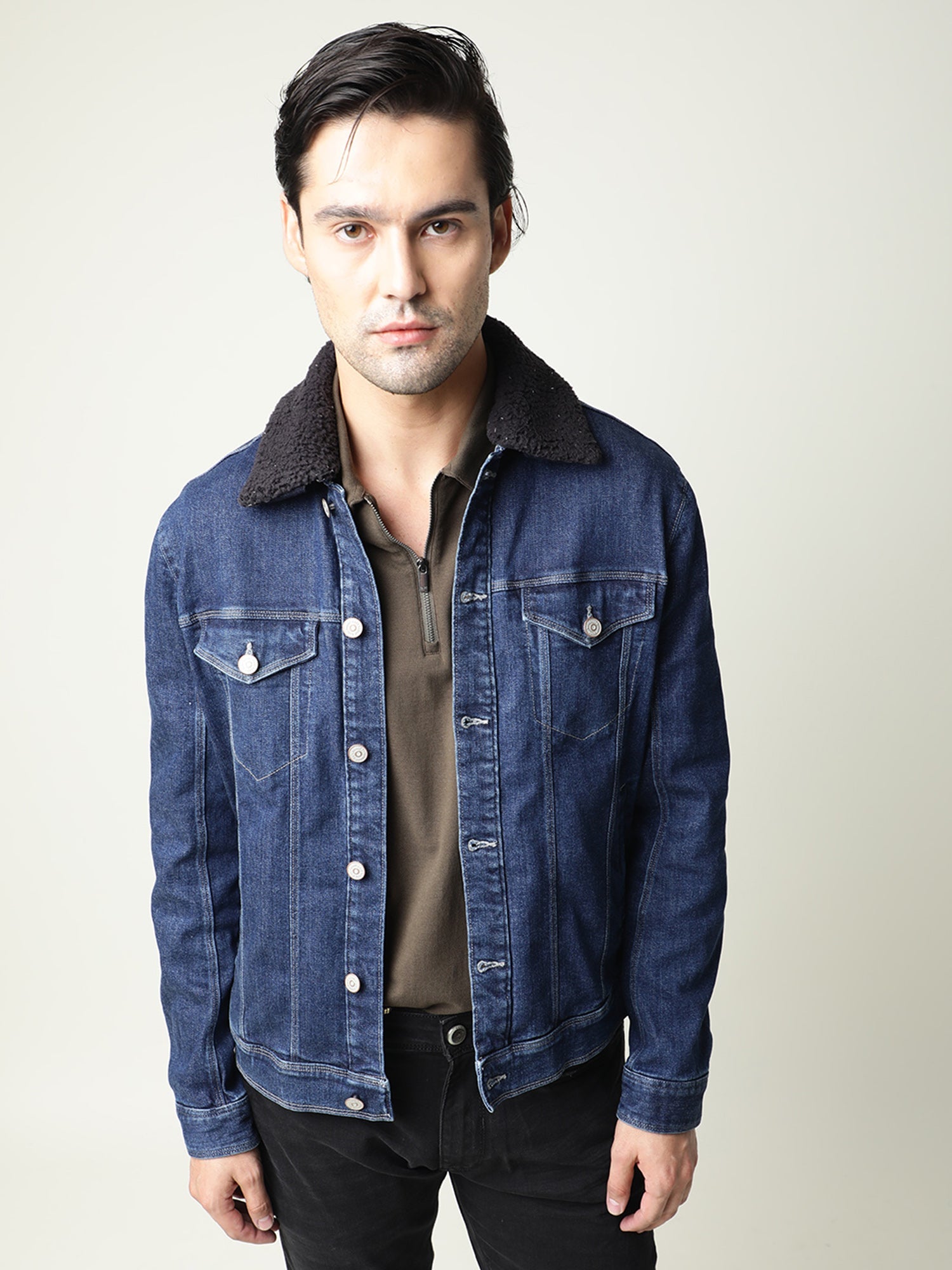 Rare Rabbit Men's Rubix Blue Cotton Blend Plain Regular Fit Full Sleeve Spread Collar Jacket