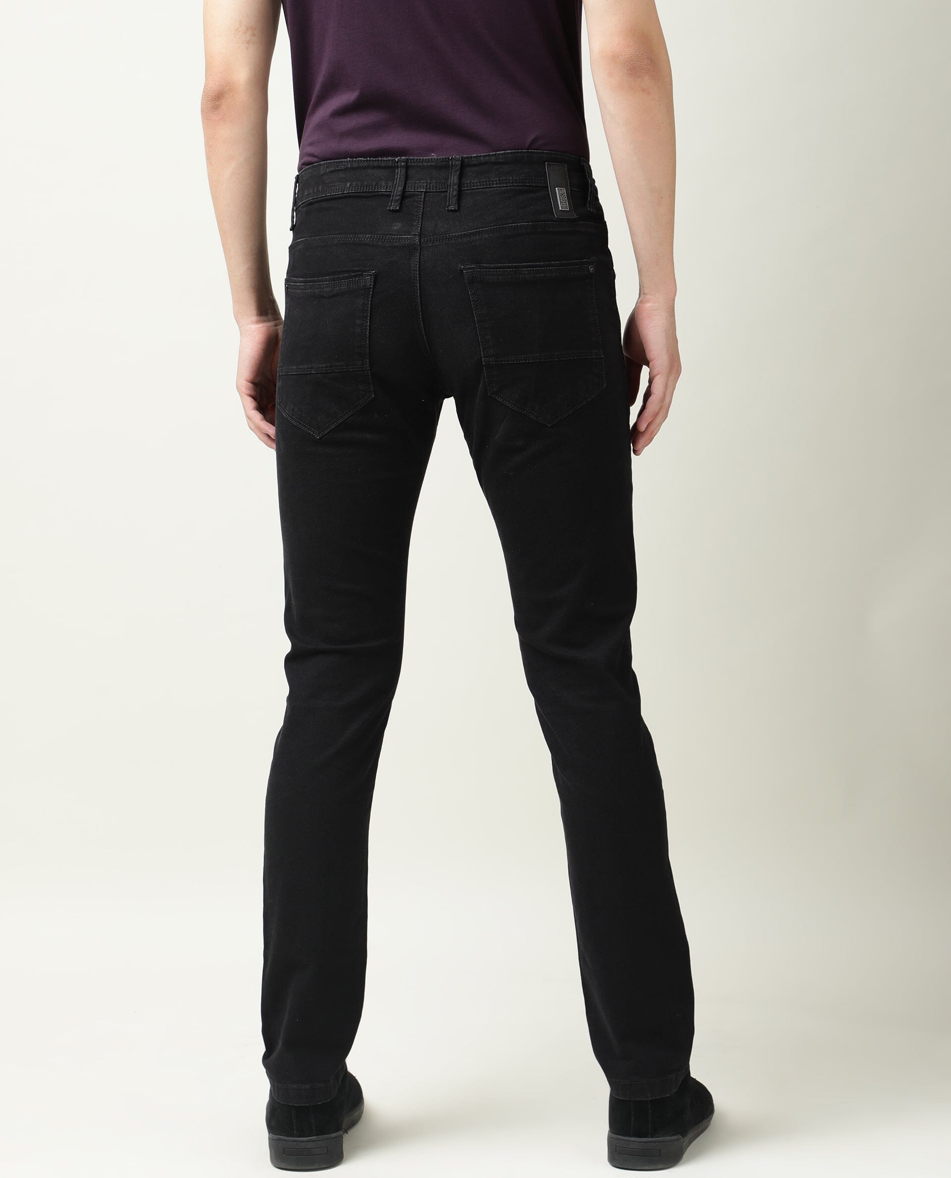 Rare Rabbit Men's Double Black 2 Black Cotton Plain Hawk Slim Fit Jeans