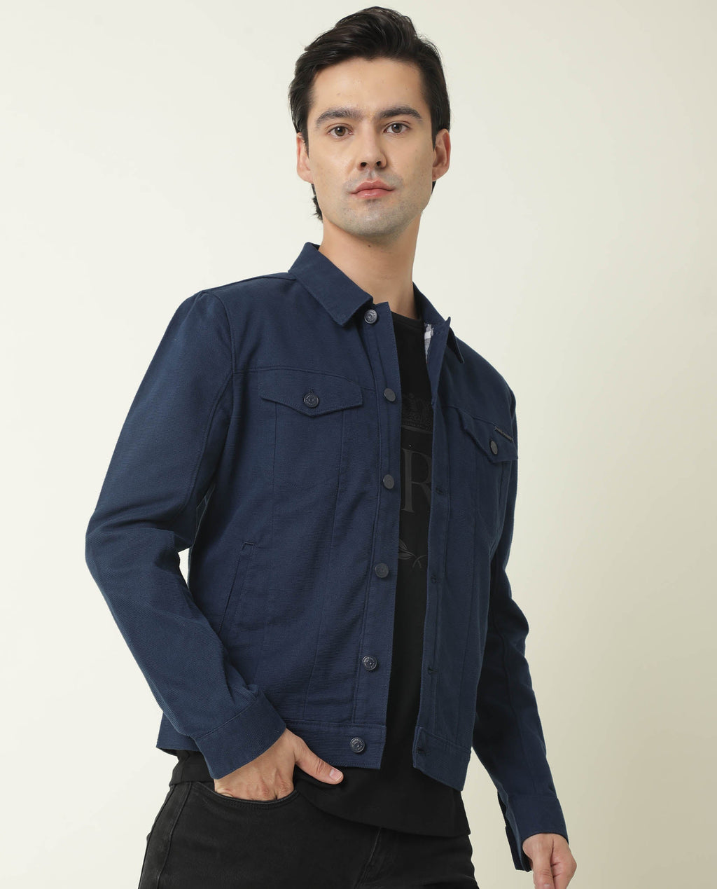Rare Rabbit Men's Vintage Navy Cotton Plain Regular Fit Full Sleeve Spread Collar Jacket