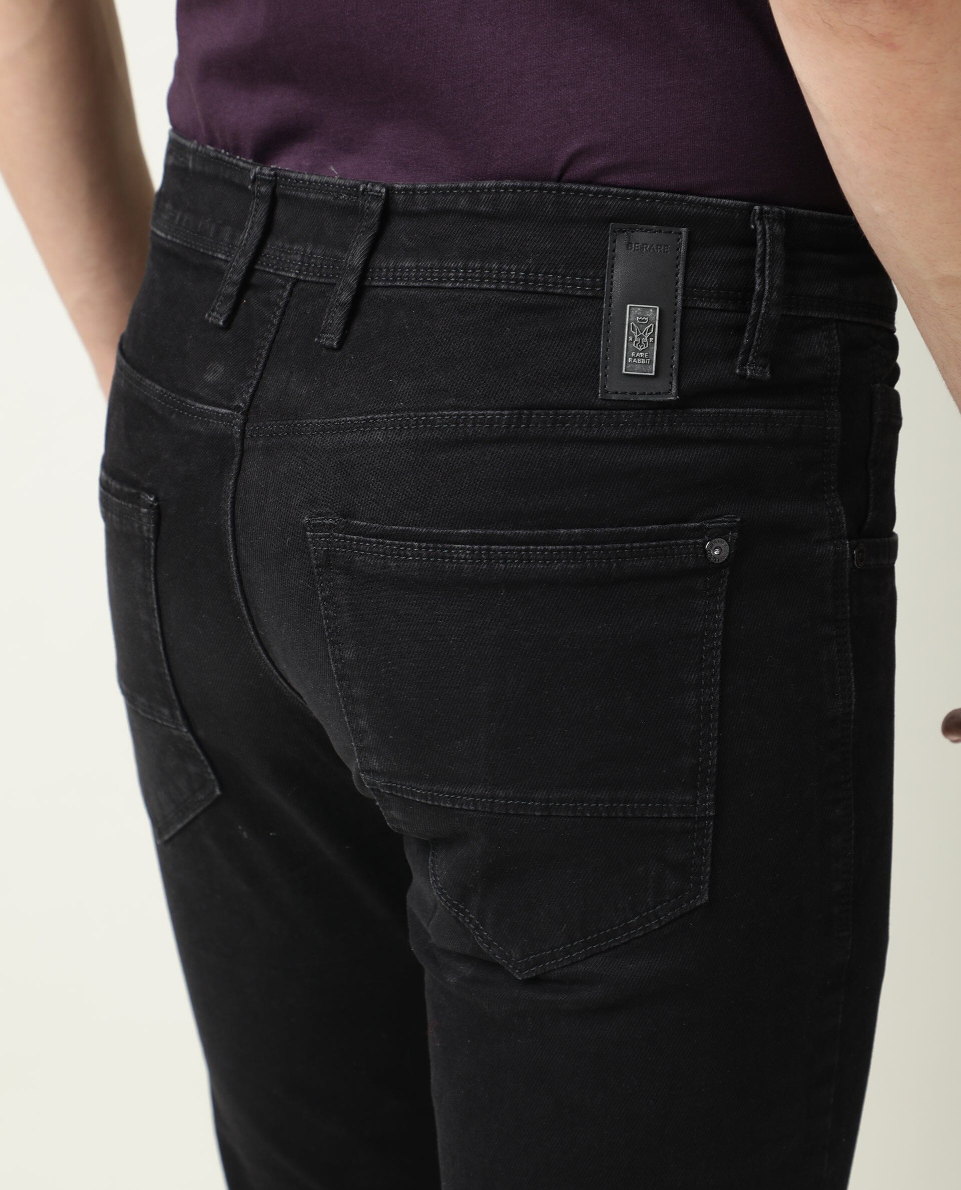 Rare Rabbit Men's Double Black Cotton Plain Hawk Slim Fit Jeans
