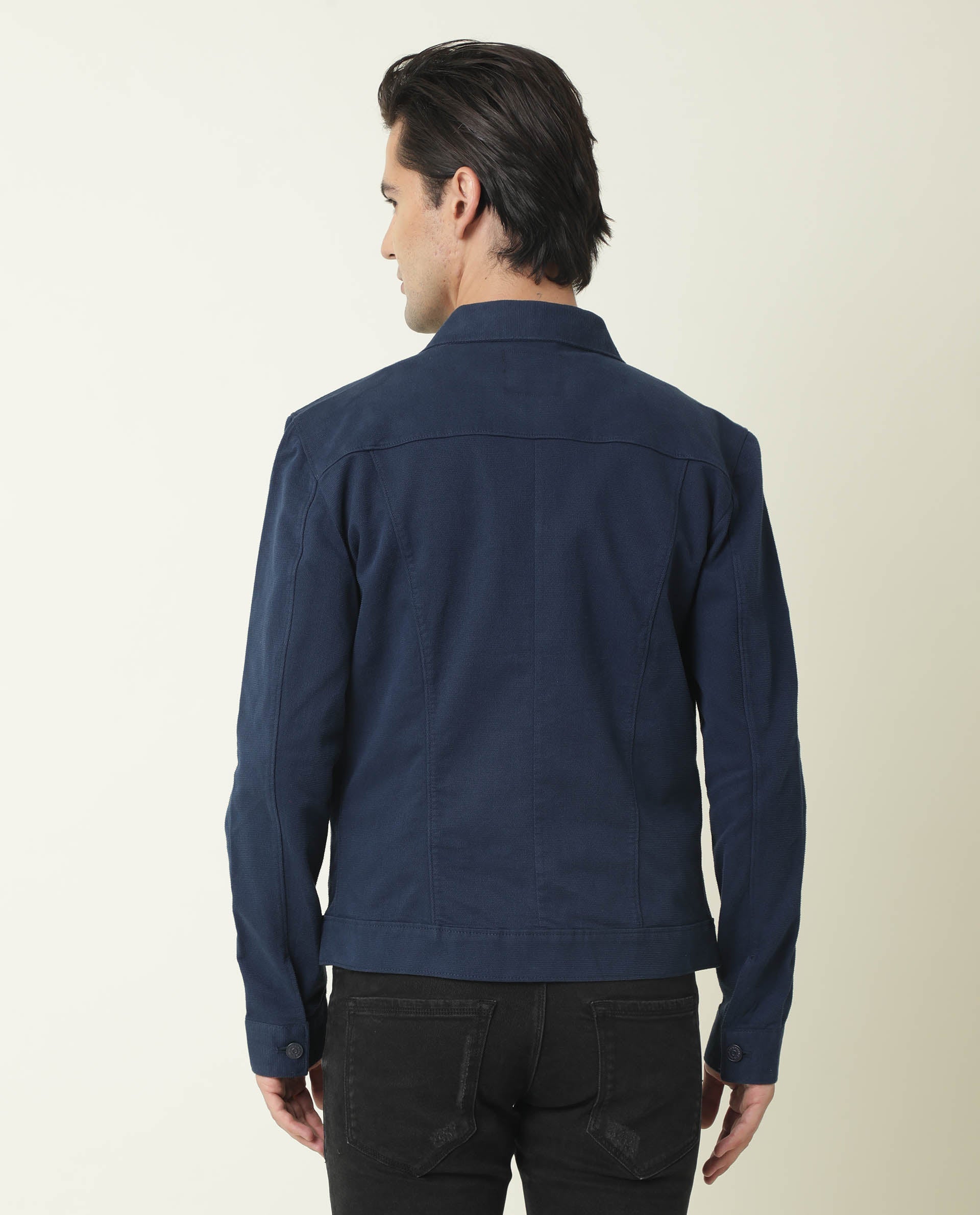 Rare Rabbit Men's Vintage Navy Cotton Plain Regular Fit Full Sleeve Spread Collar Jacket