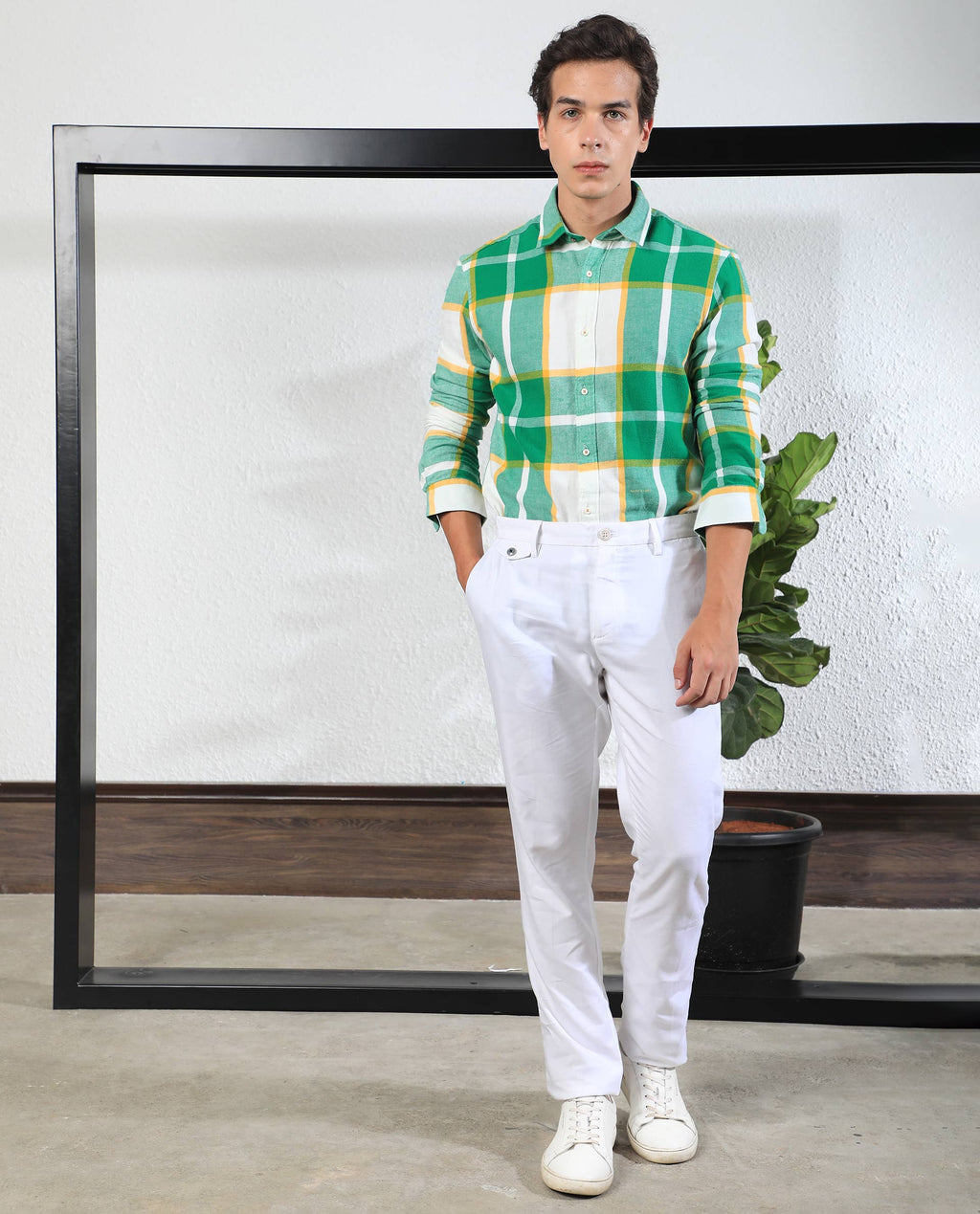 Rare Rabbit Men's Rayo Green Cotton Checked Print Regular Fit Full Sleeve Collared Shirt