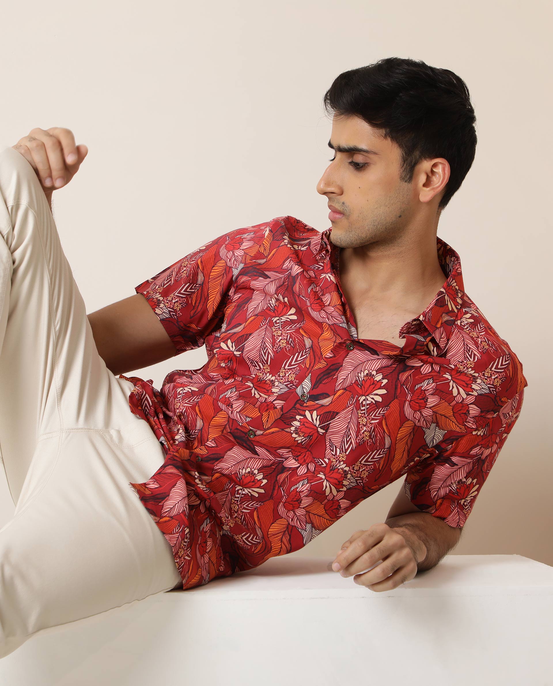 Rare Rabbit Men's Sinq Red Viscose Floral Print Regular Fit Half Sleeve Collared Shirt