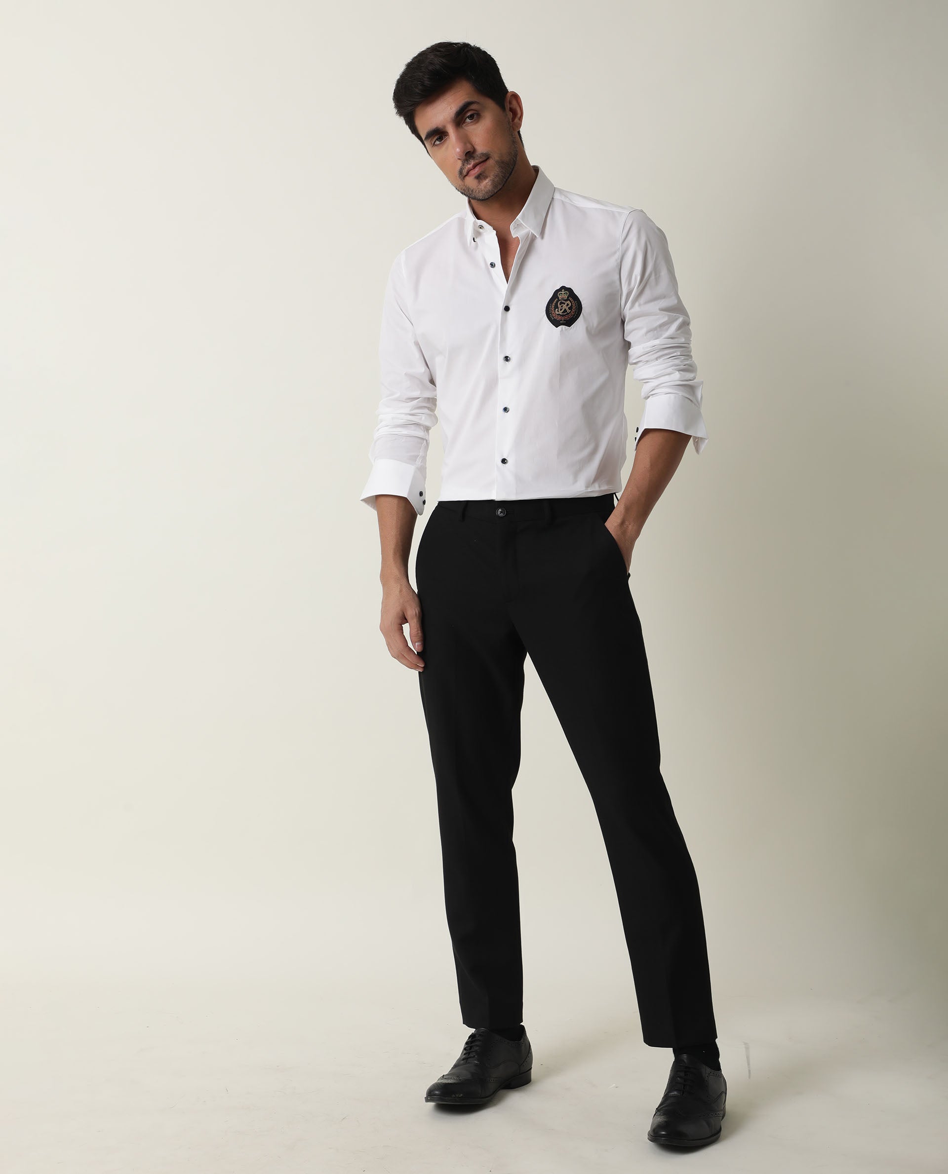 Rare Rabbit Men's Crown White Cotton Plain Regular Fit Full Sleeve Spread Collar Shirt