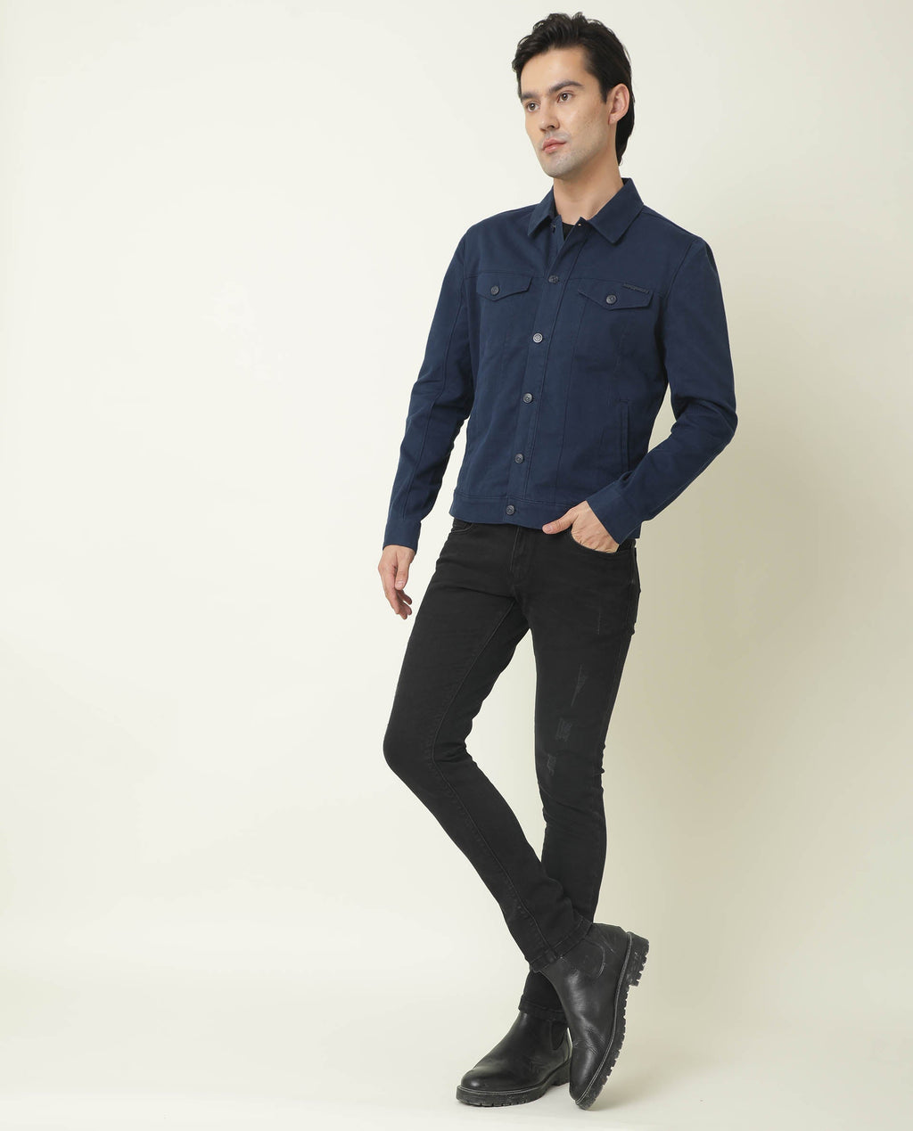 Rare Rabbit Men's Vintage Navy Cotton Plain Regular Fit Full Sleeve Spread Collar Jacket