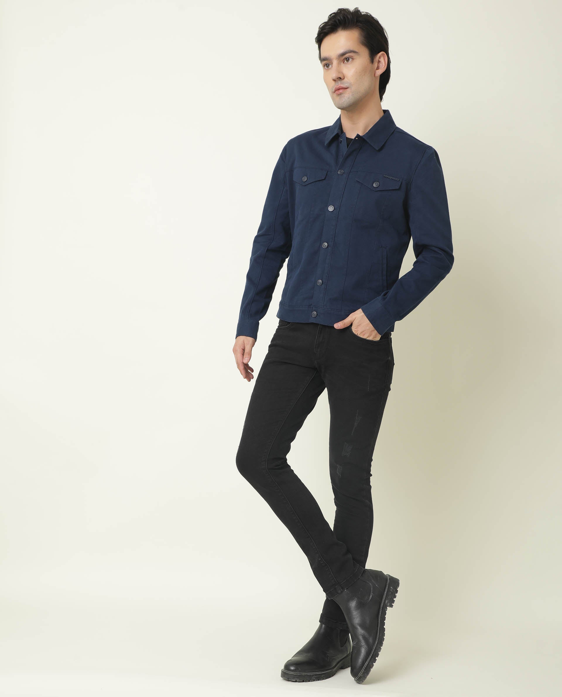 Rare Rabbit Men's Vintage Navy Cotton Plain Regular Fit Full Sleeve Spread Collar Jacket