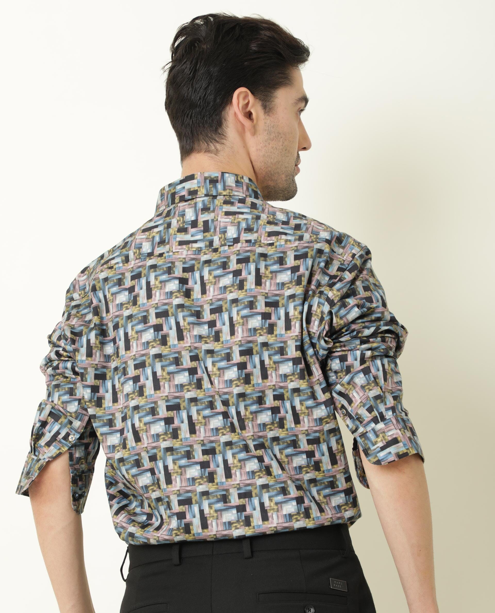 Rare Rabbit Men's Jigsawee Grey Cotton Geometric Print Regular Fit Full Sleeve Collared Shirt