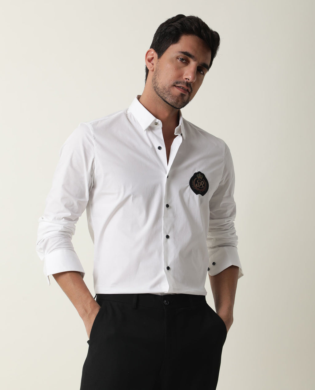 Rare Rabbit Men's Crown White Cotton Plain Regular Fit Full Sleeve Spread Collar Shirt