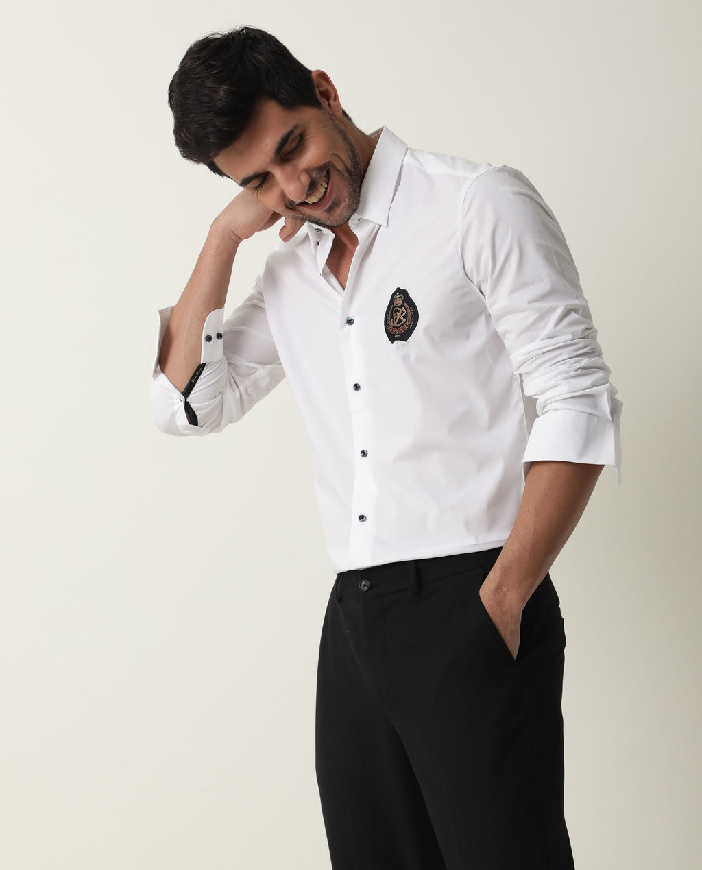 Rare Rabbit Men's Crown White Cotton Plain Regular Fit Full Sleeve Spread Collar Shirt