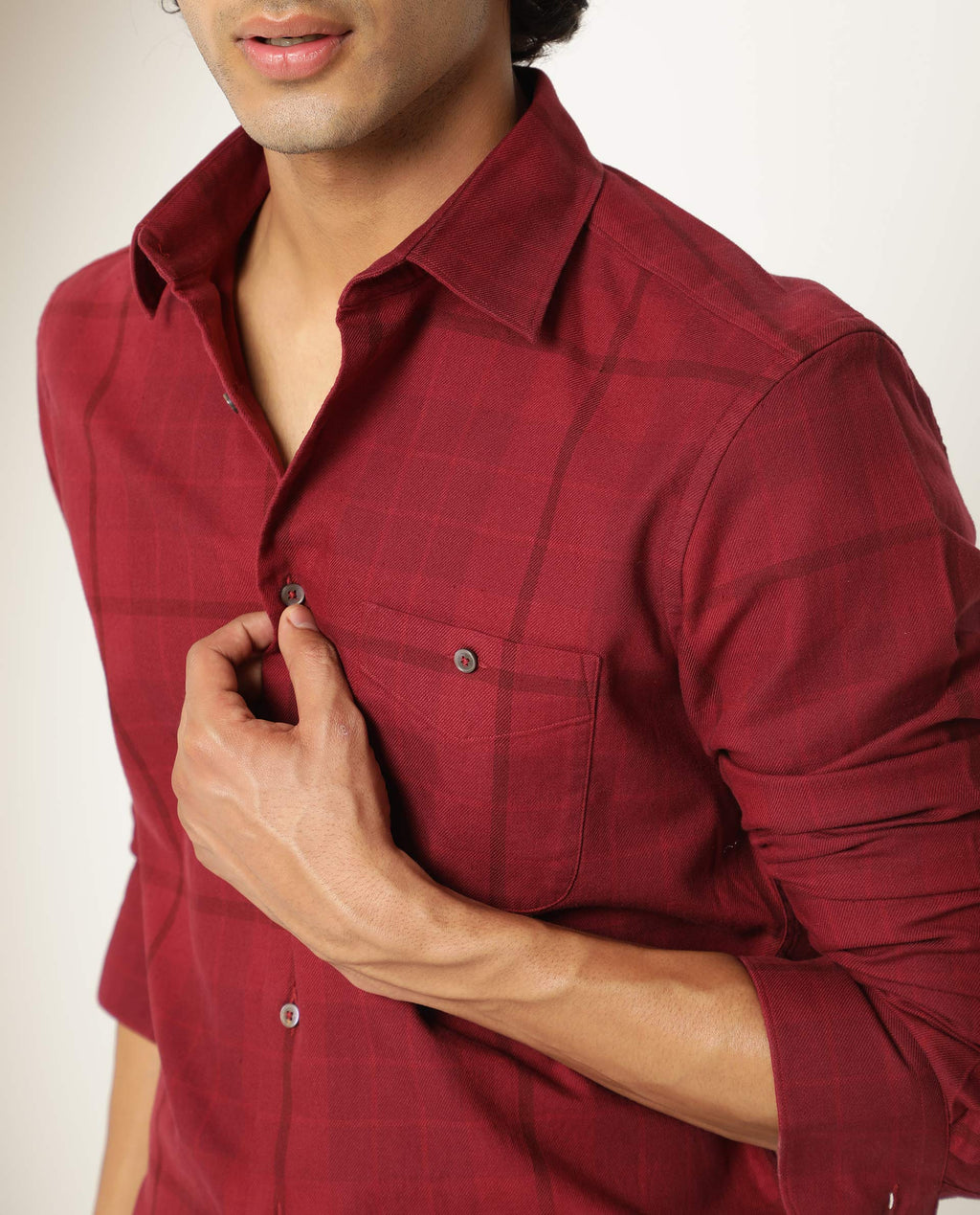 Rare Rabbit Men's Gareth Maroon Cotton Checked Print Regular Fit Full Sleeve Collared Shirt