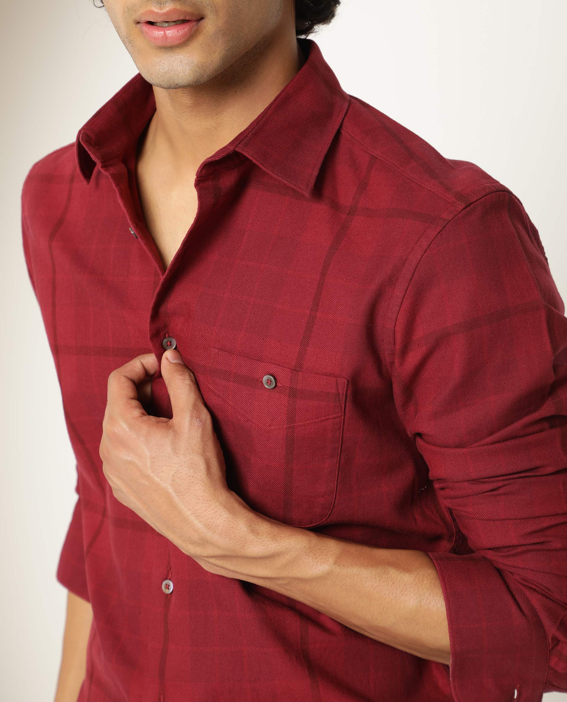 Rare Rabbit Men's Gareth Maroon Cotton Checked Print Regular Fit Full Sleeve Collared Shirt