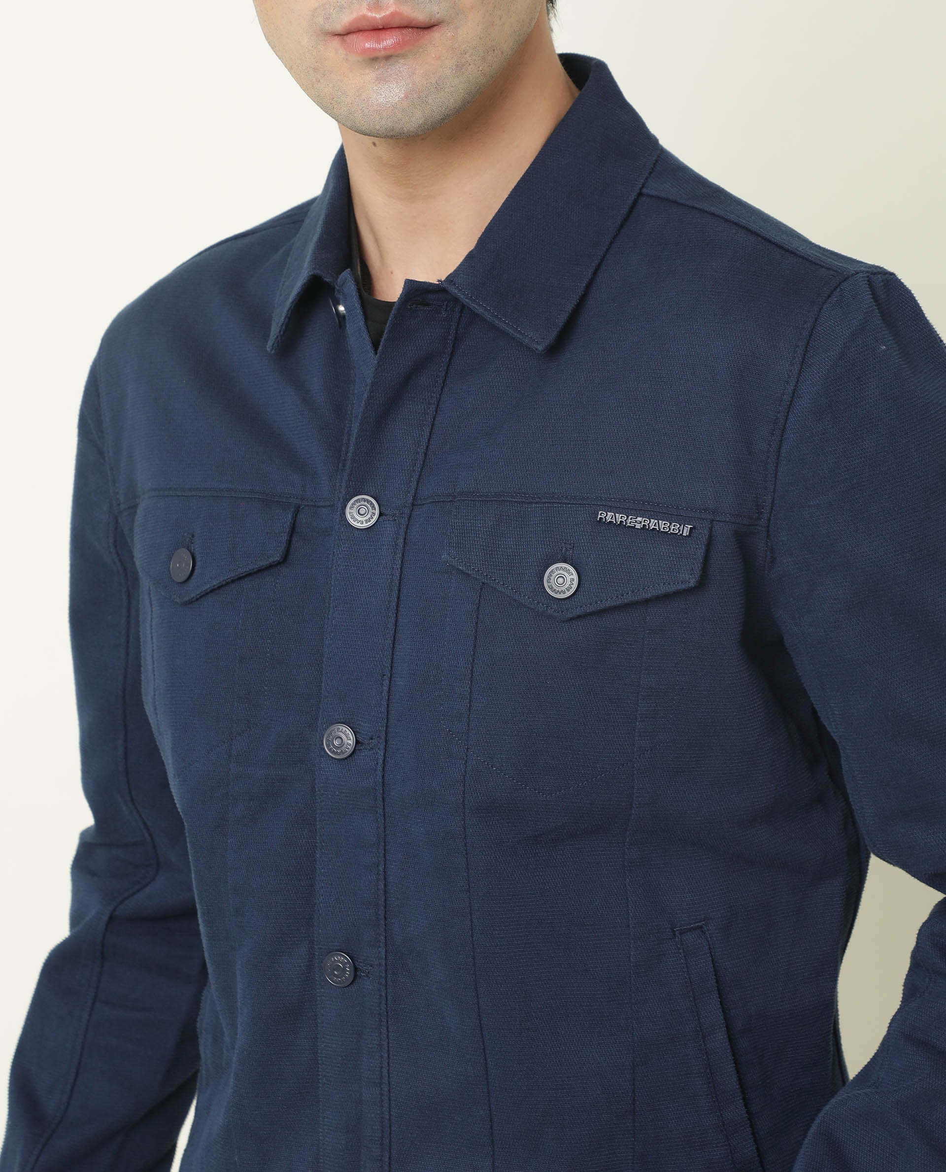Rare Rabbit Men's Vintage Navy Cotton Plain Regular Fit Full Sleeve Spread Collar Jacket