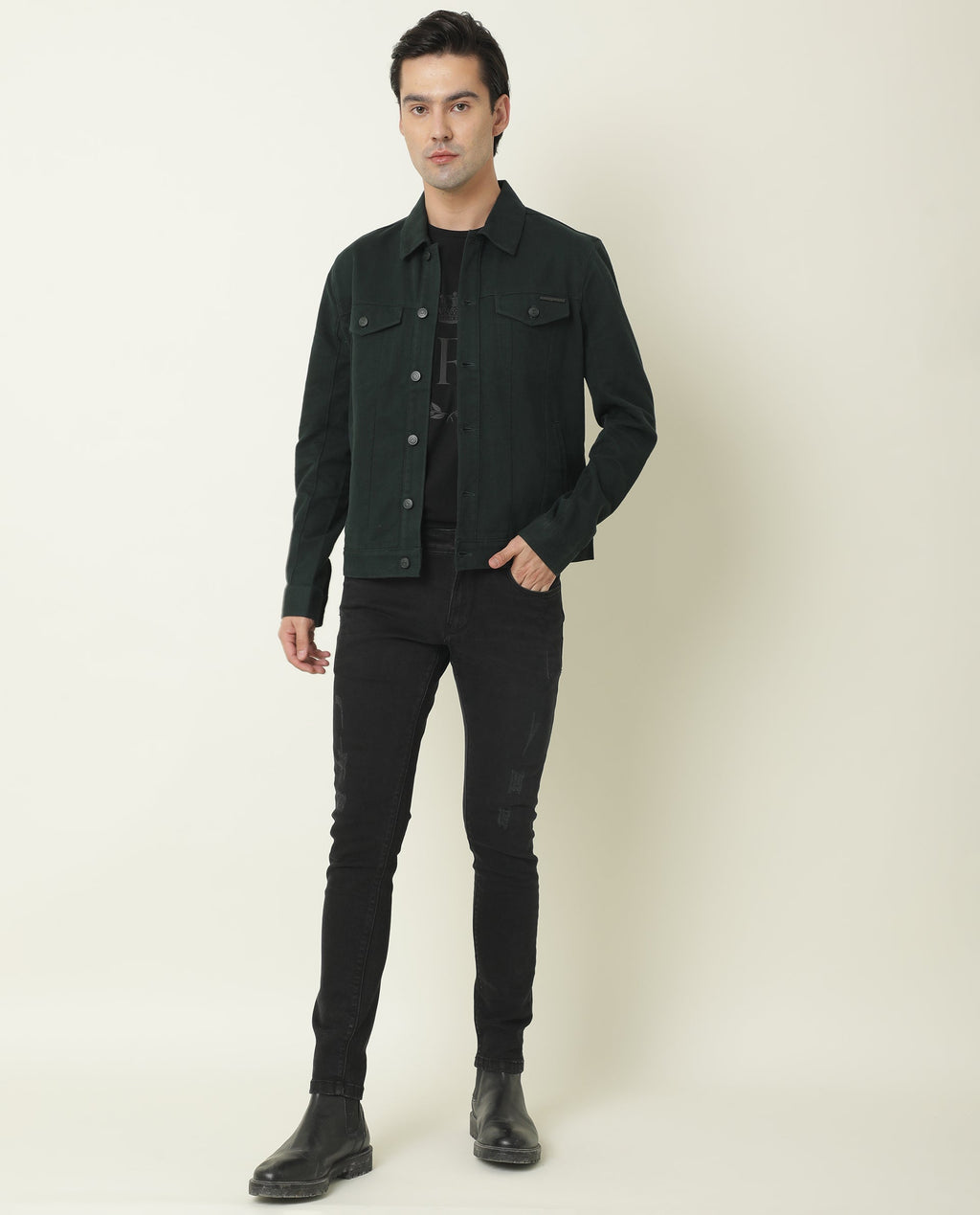 Rare Rabbit Men's Vintage Green Plain Regular Fit Full Sleeve Collared Jacket