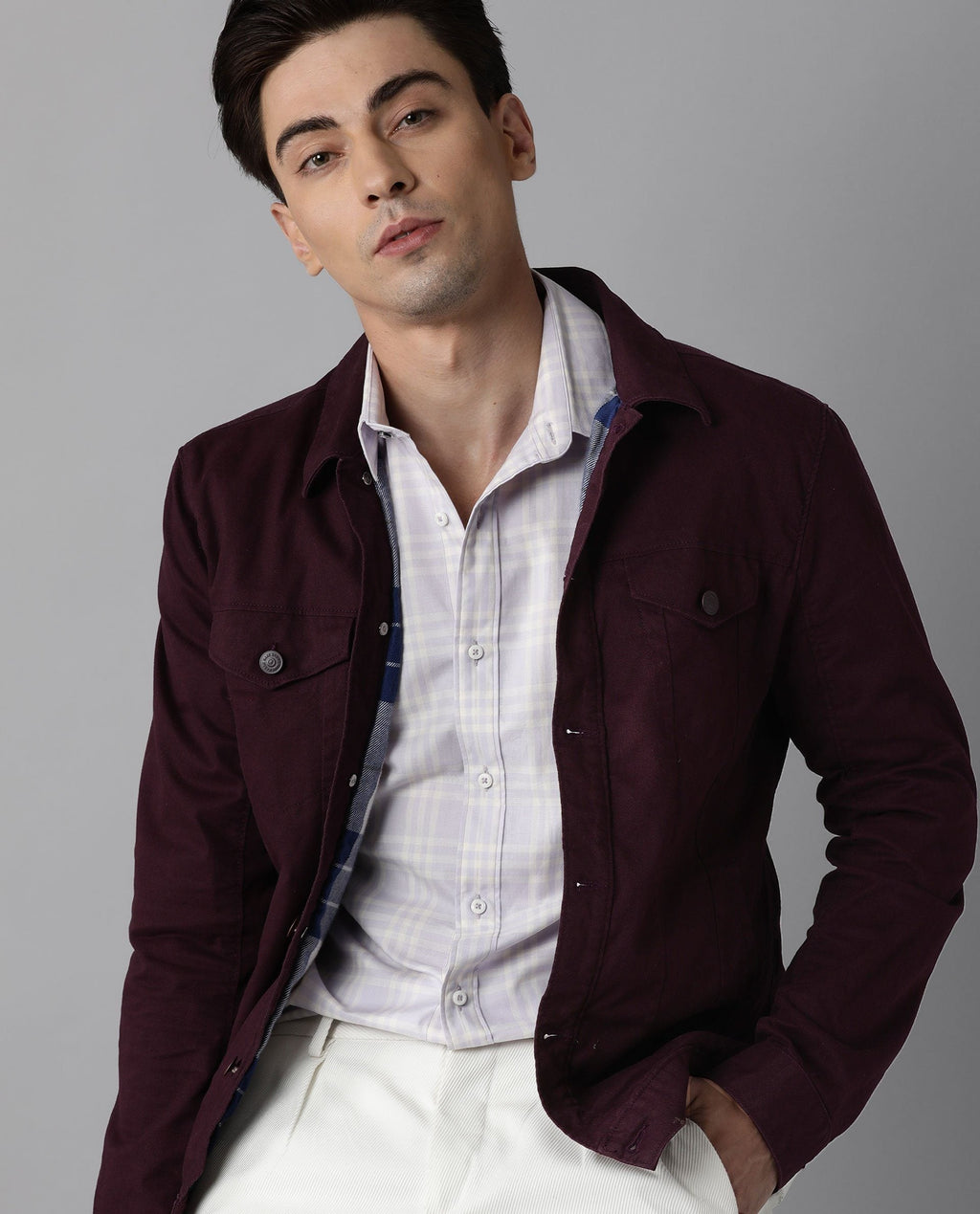 Rare Rabbit Men's Daren Purple Cotton Checked Print Regular Fit Full Sleeve Spread Collar Shirt