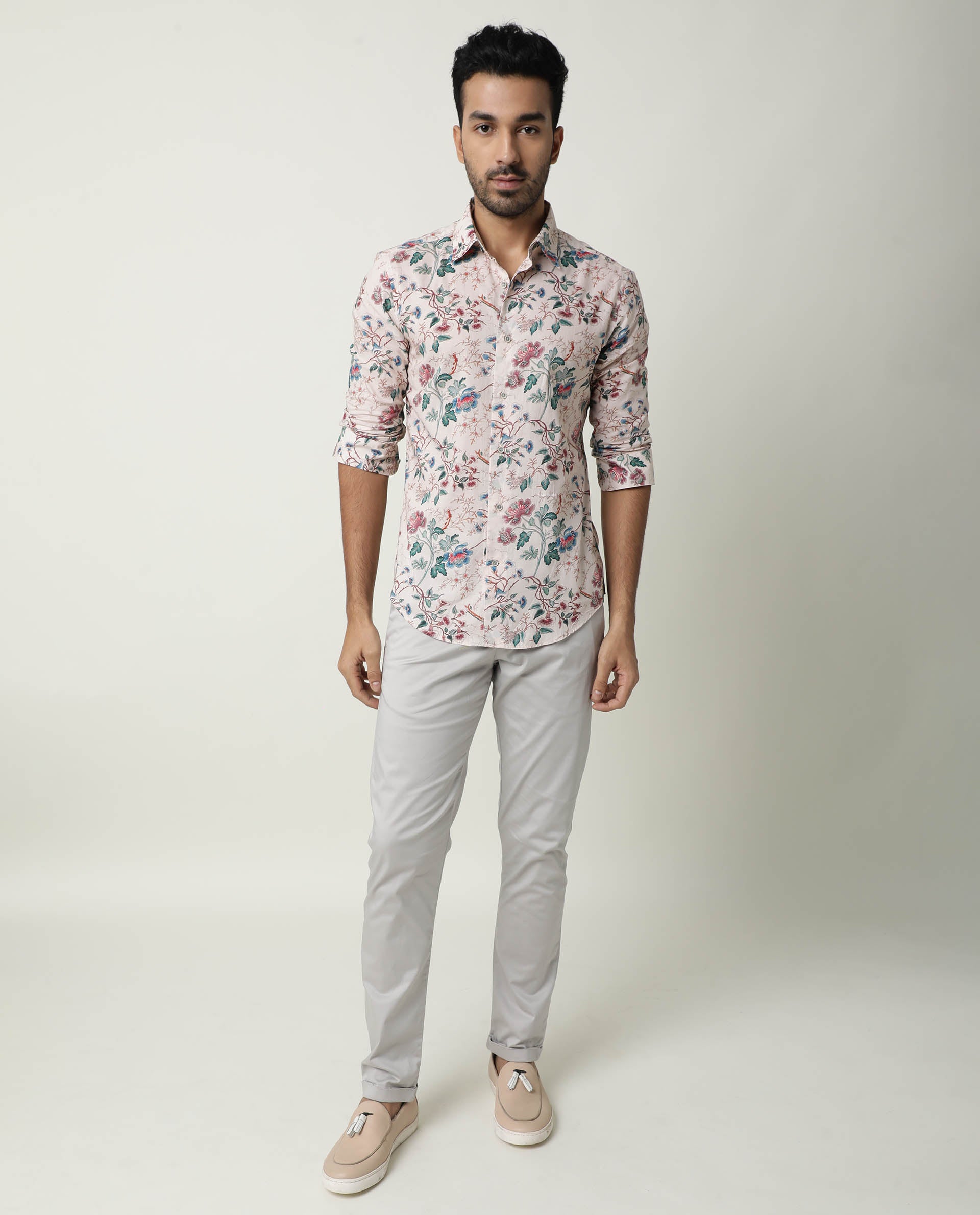 Rare Rabbit Men's Porto Beige Cotton Floral Print Regular Fit Full Sleeve Collared Shirt