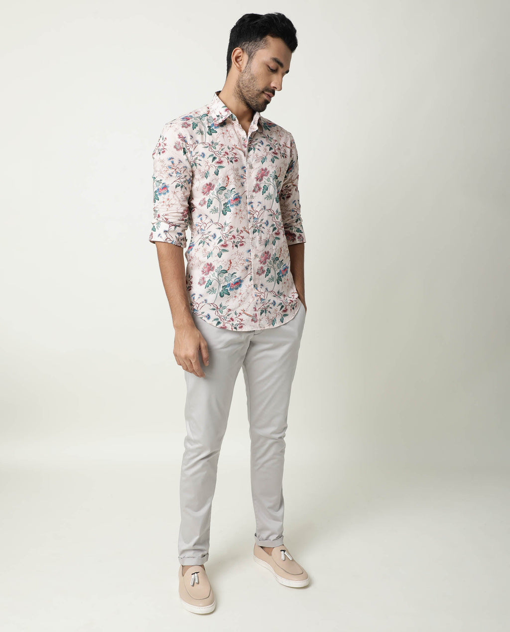 Rare Rabbit Men's Porto Beige Cotton Floral Print Regular Fit Full Sleeve Collared Shirt