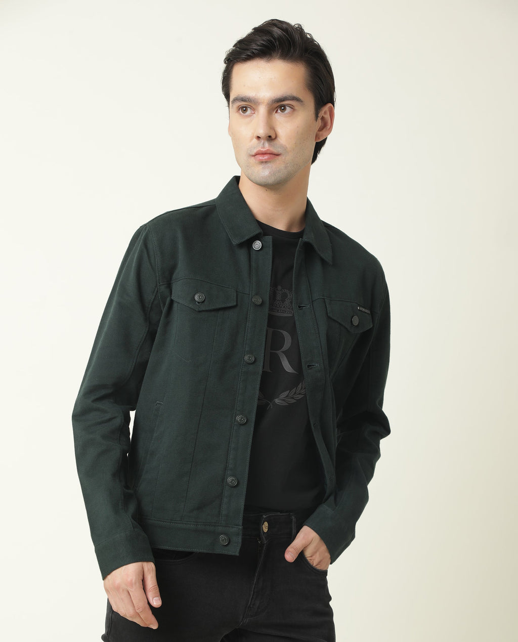 Rare Rabbit Men's Vintage Green Plain Regular Fit Full Sleeve Collared Jacket