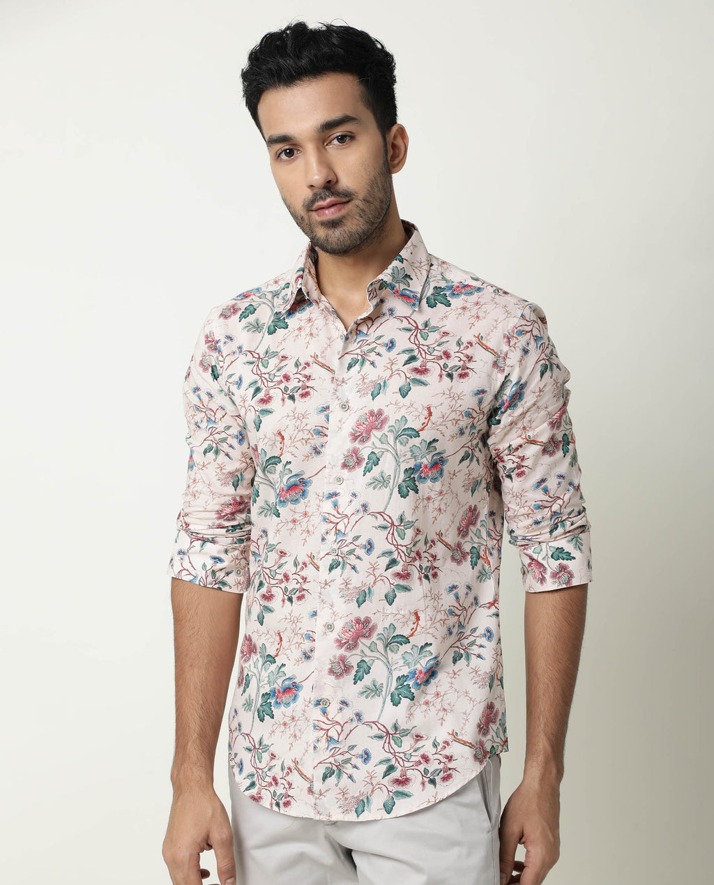 Rare Rabbit Men's Porto Beige Cotton Floral Print Regular Fit Full Sleeve Collared Shirt