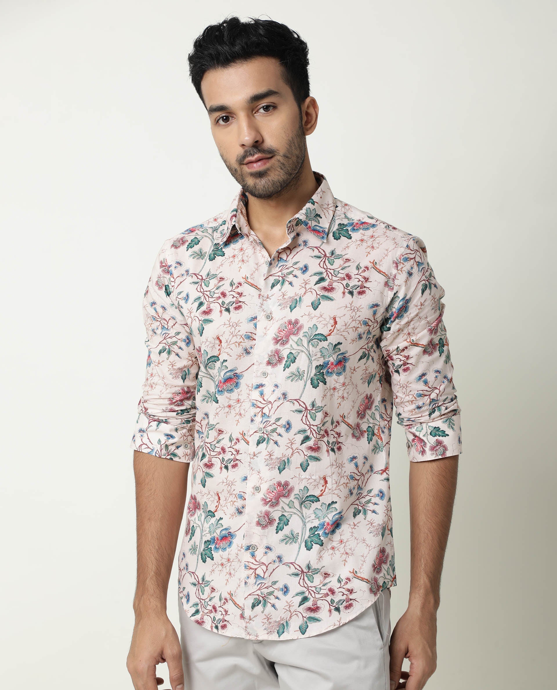 Rare Rabbit Men's Porto Beige Cotton Floral Print Regular Fit Full Sleeve Collared Shirt