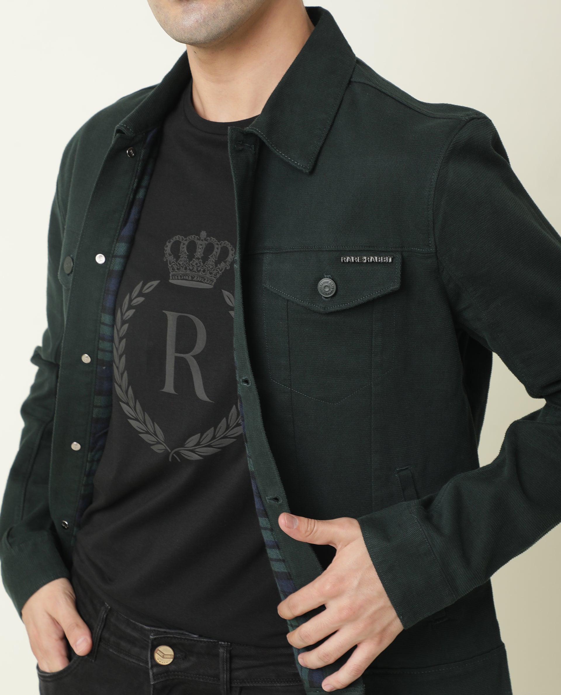 Rare Rabbit Men's Vintage Green Plain Regular Fit Full Sleeve Collared Jacket