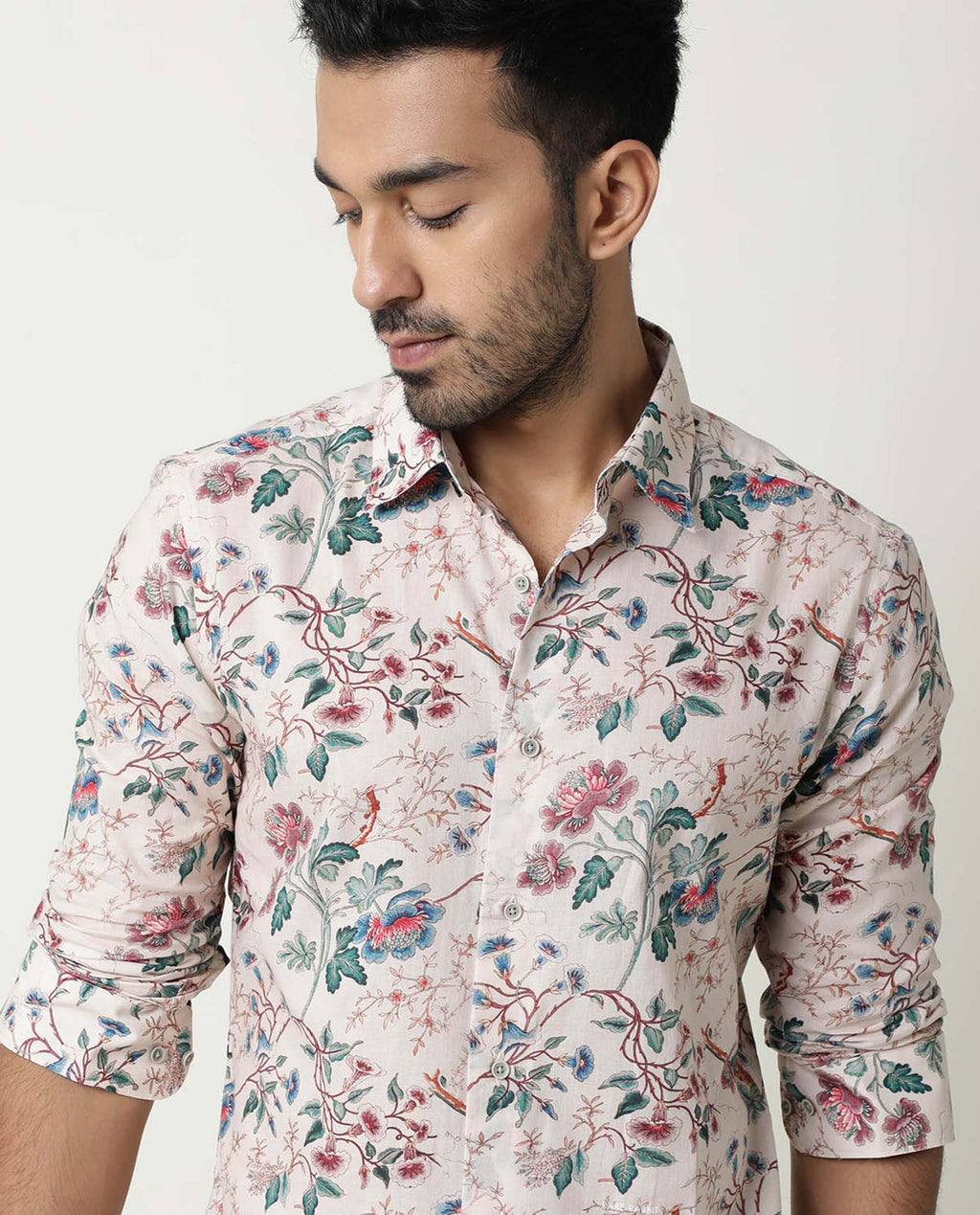 Rare Rabbit Men's Porto Beige Cotton Floral Print Regular Fit Full Sleeve Collared Shirt