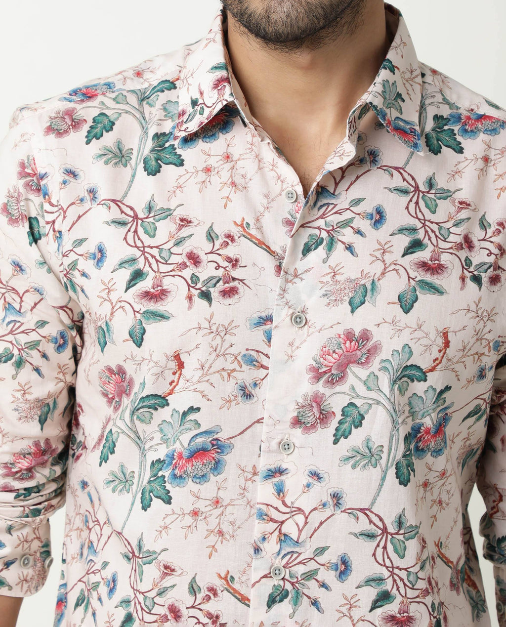Rare Rabbit Men's Porto Beige Cotton Floral Print Regular Fit Full Sleeve Collared Shirt
